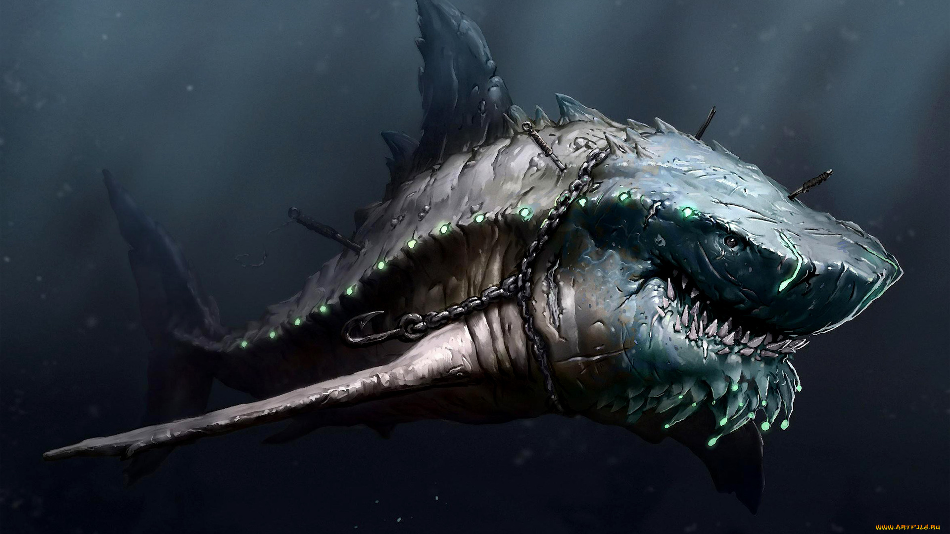 рисованные, -, другое, monster, paint, under, sea, shark