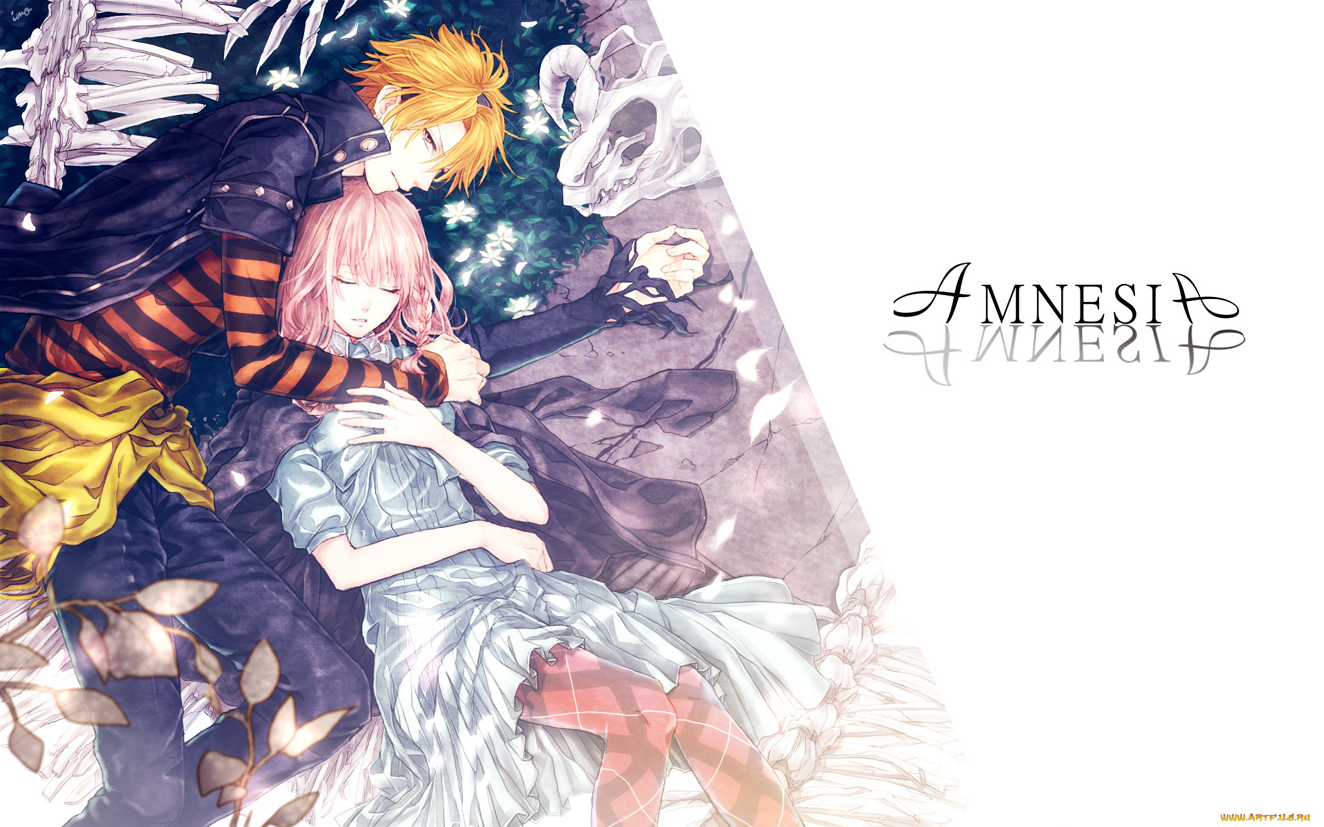 аниме, amnesia, art, imoko, девушка, heroine, парень, toma, взгляд, улыбка, объятья, лежат, амнезия