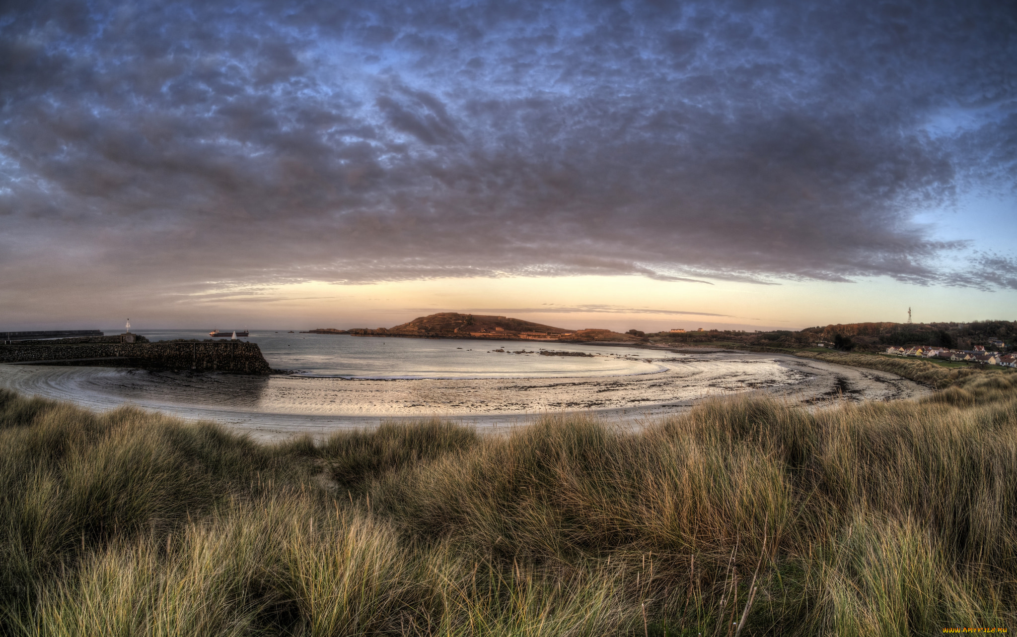 природа, побережье, океан, тучи, горизонт, трава, бухта