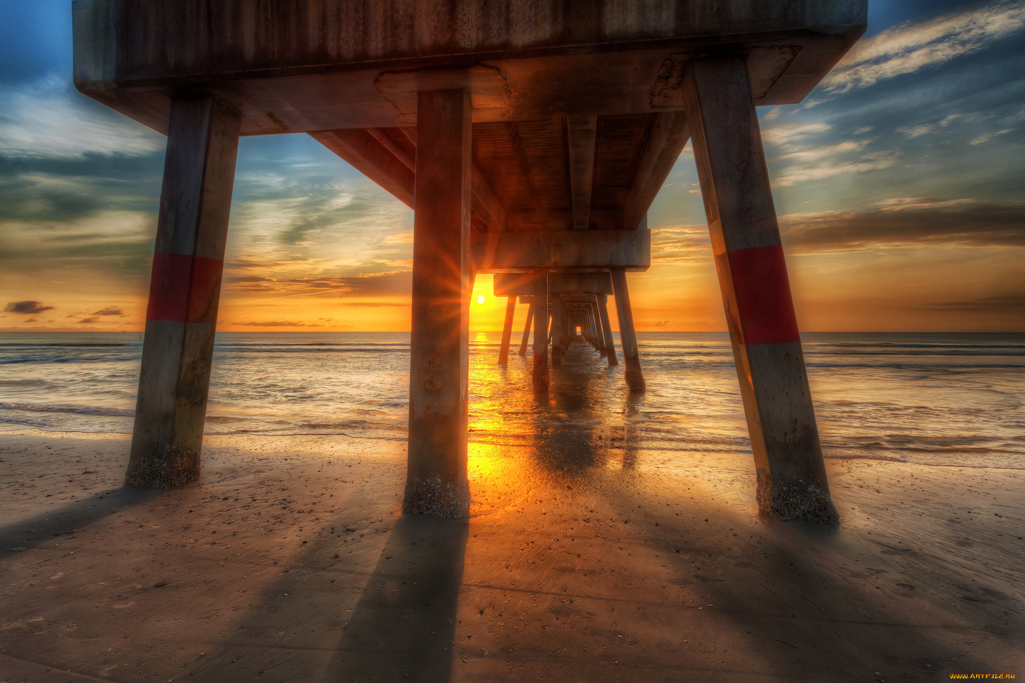 природа, восходы, закаты, мост, океан, пляж, тучи, зарево, горизонт