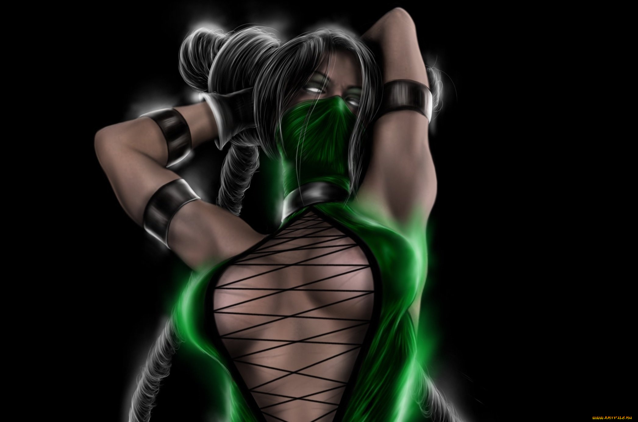 видео, игры, mortal, kombat, черный, фон, поза, руки, взгляд, зеленый, костюм, персонаж, арт, jade
