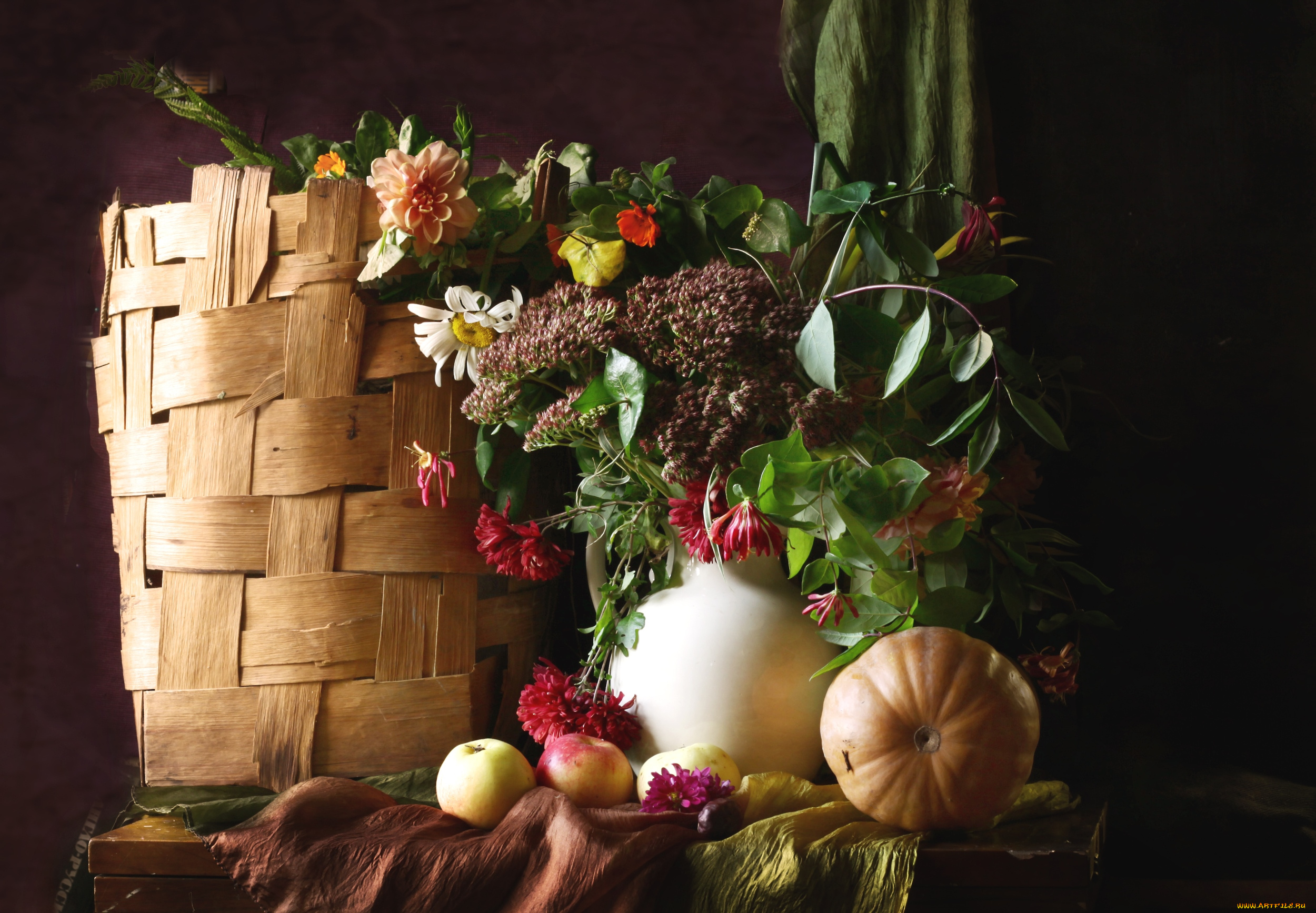 еда, натюрморт, тыква, яблоки, цветы