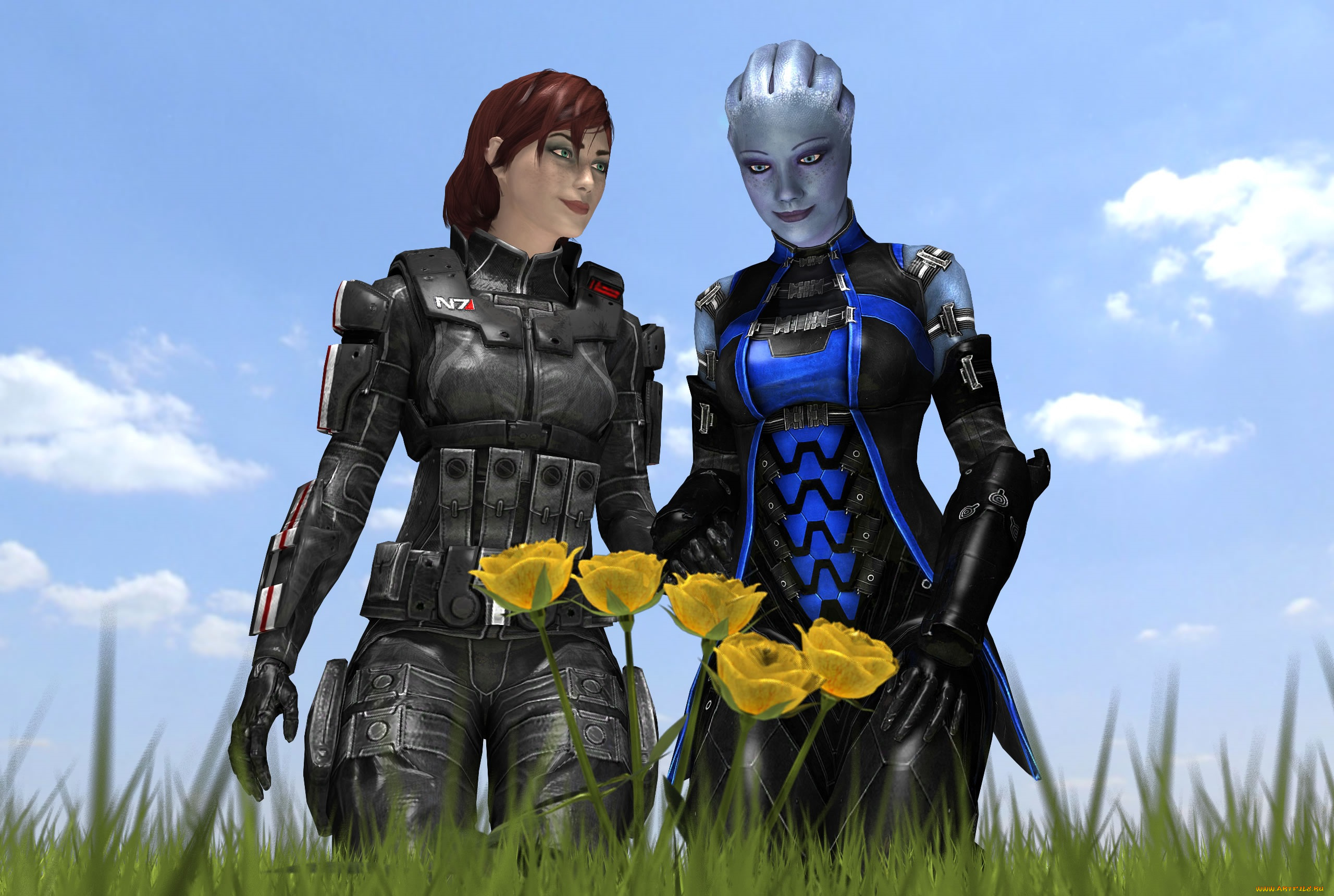 mass, effect, 2, видео, игры, девушка, существо, цветы, облака