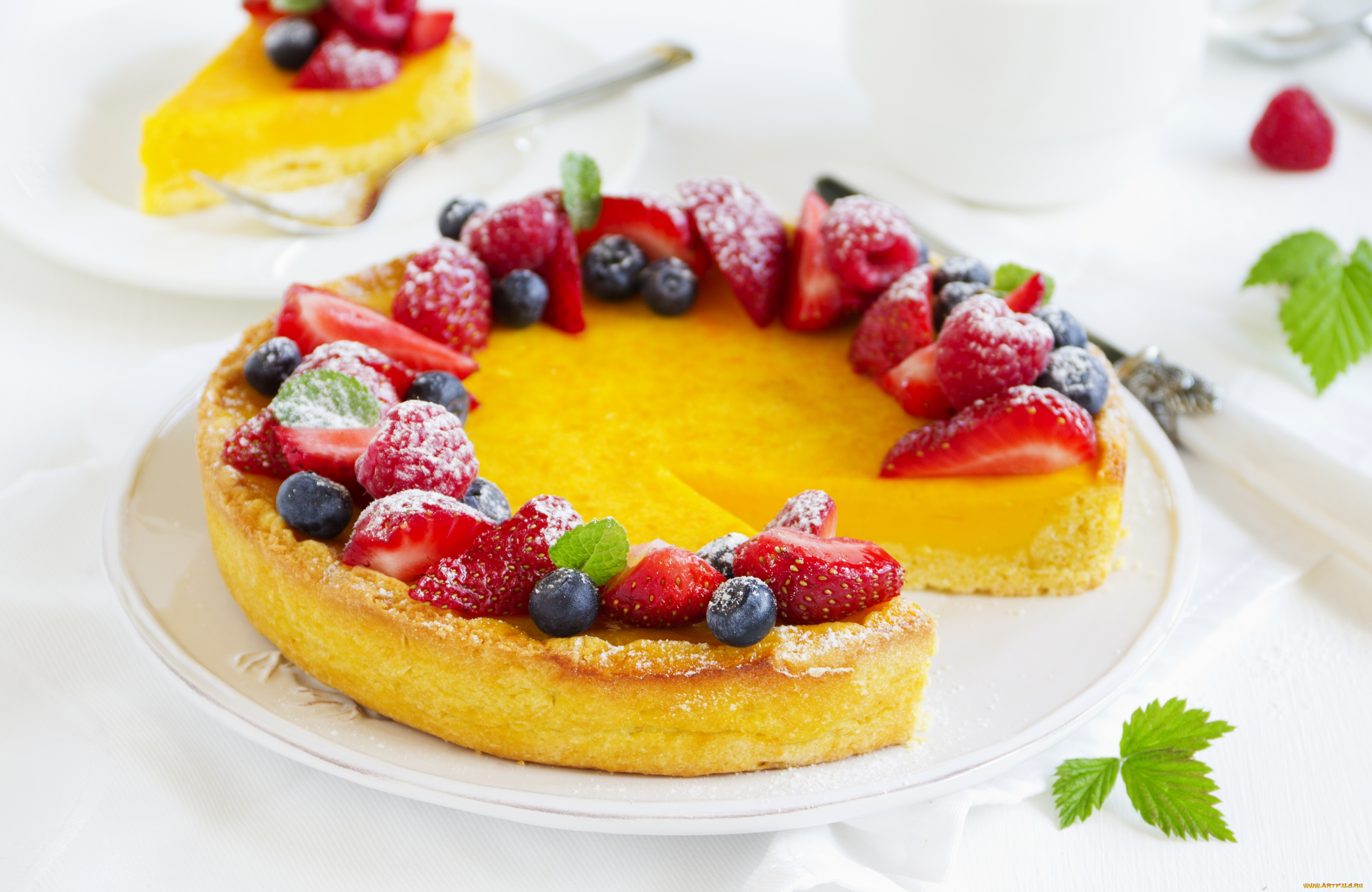 еда, торты, лимонный, торт, ягоды