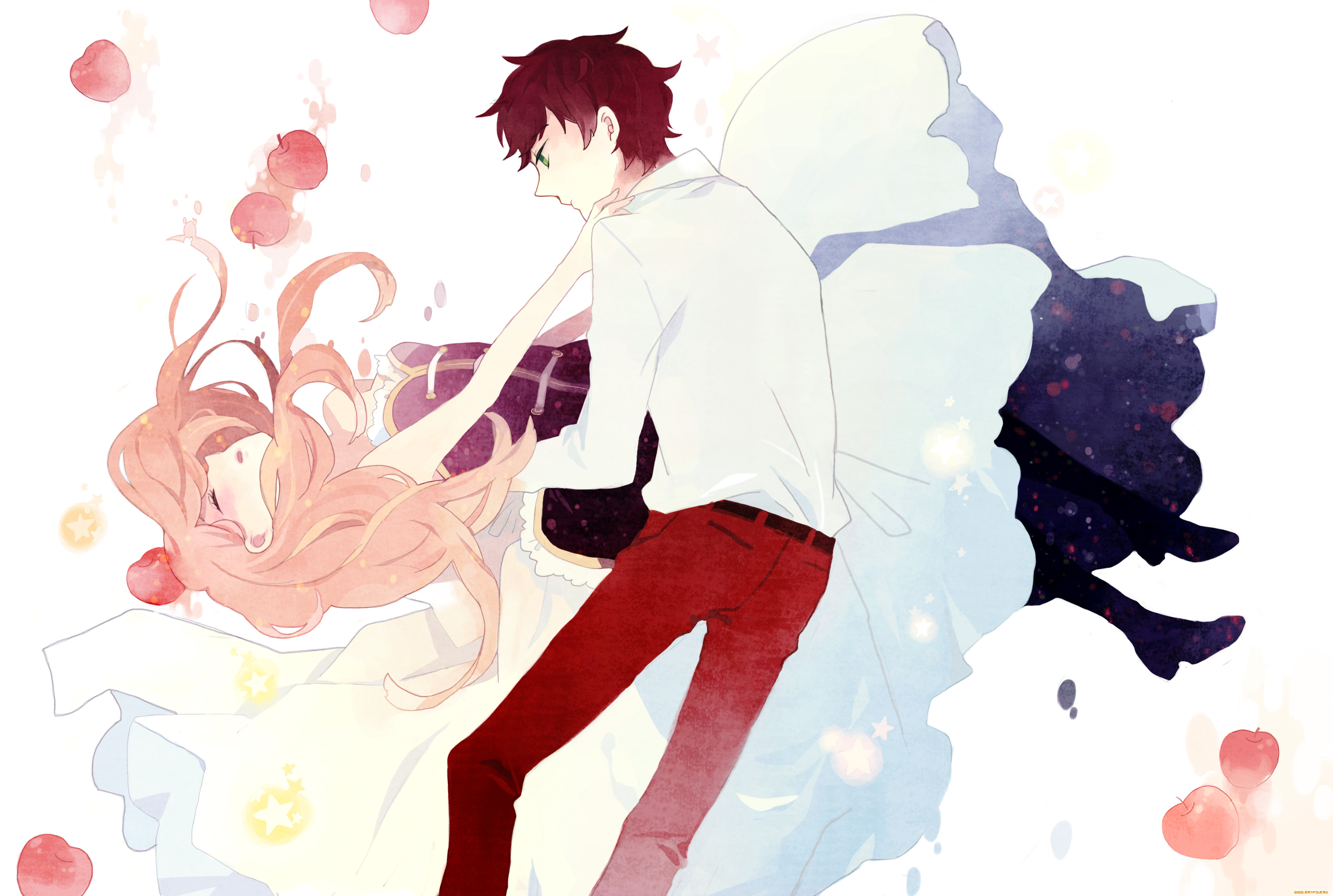 аниме, mawaru, penguin, drum, девушка, mawaru, penguindrum, пингвиний, барабан, kyang692, фрукты, яблоки, падение, парень, takakura, kanba, himari, арт