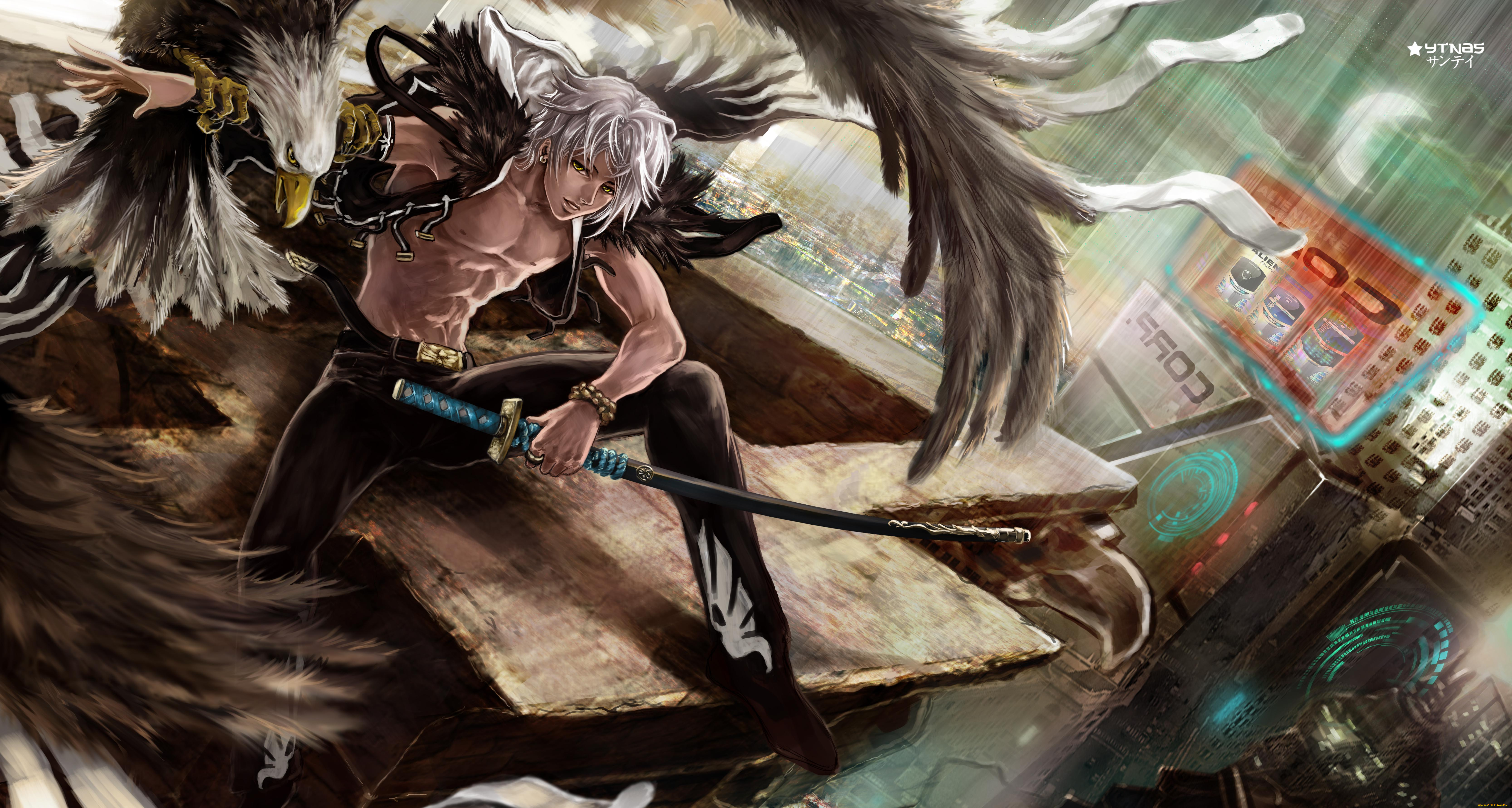 аниме, -weapon, , blood, &, technology, взгляд, меч, город, птица, орел, парень, серые, волосы