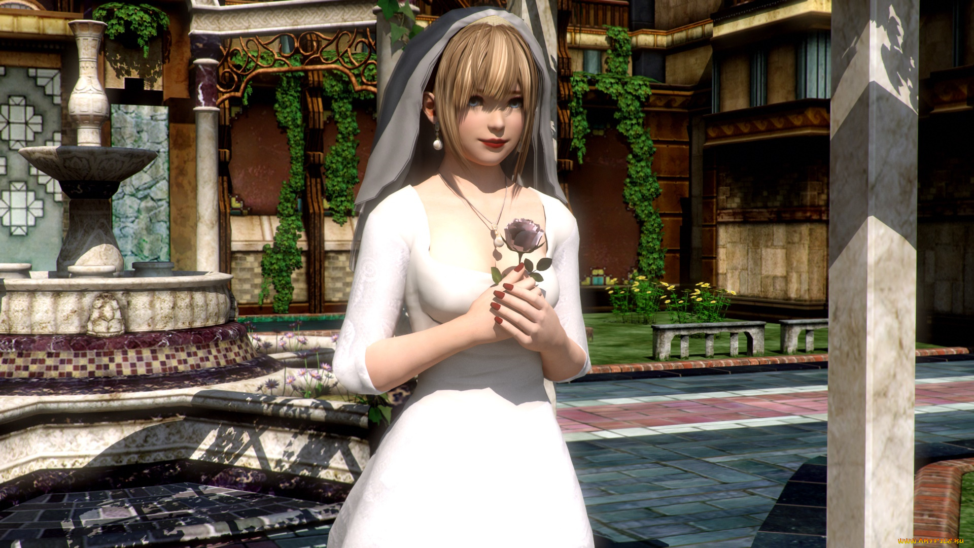 3д, графика, аниме, , anime, дворик, цветок, фон, взгляд, девушка