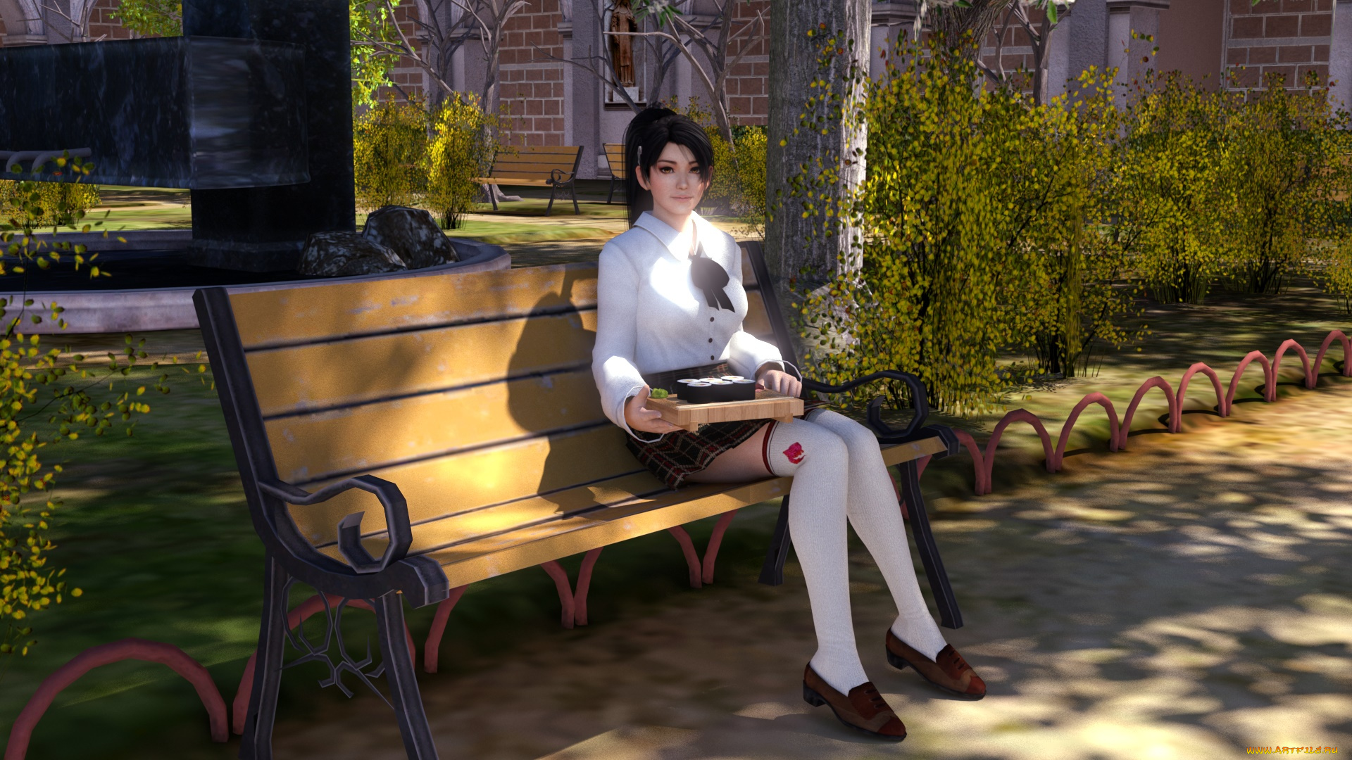 3д, графика, аниме, , anime, скамейка, фон, взгляд, девушка