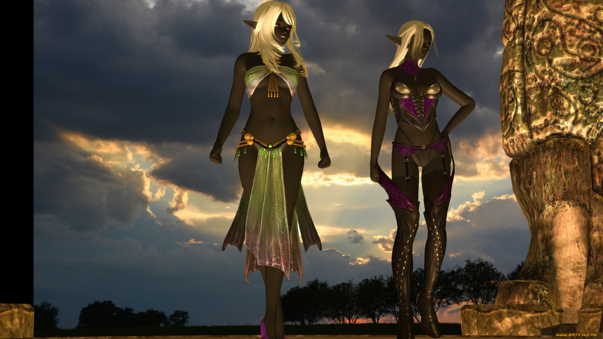 3д, графика, эльфы, , elves, взгляд, эльфийки, фон