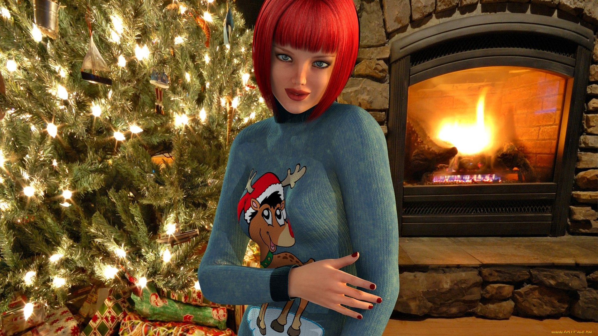 3д, графика, праздники, , holidays, взгляд, фон, девушка, камин, елка