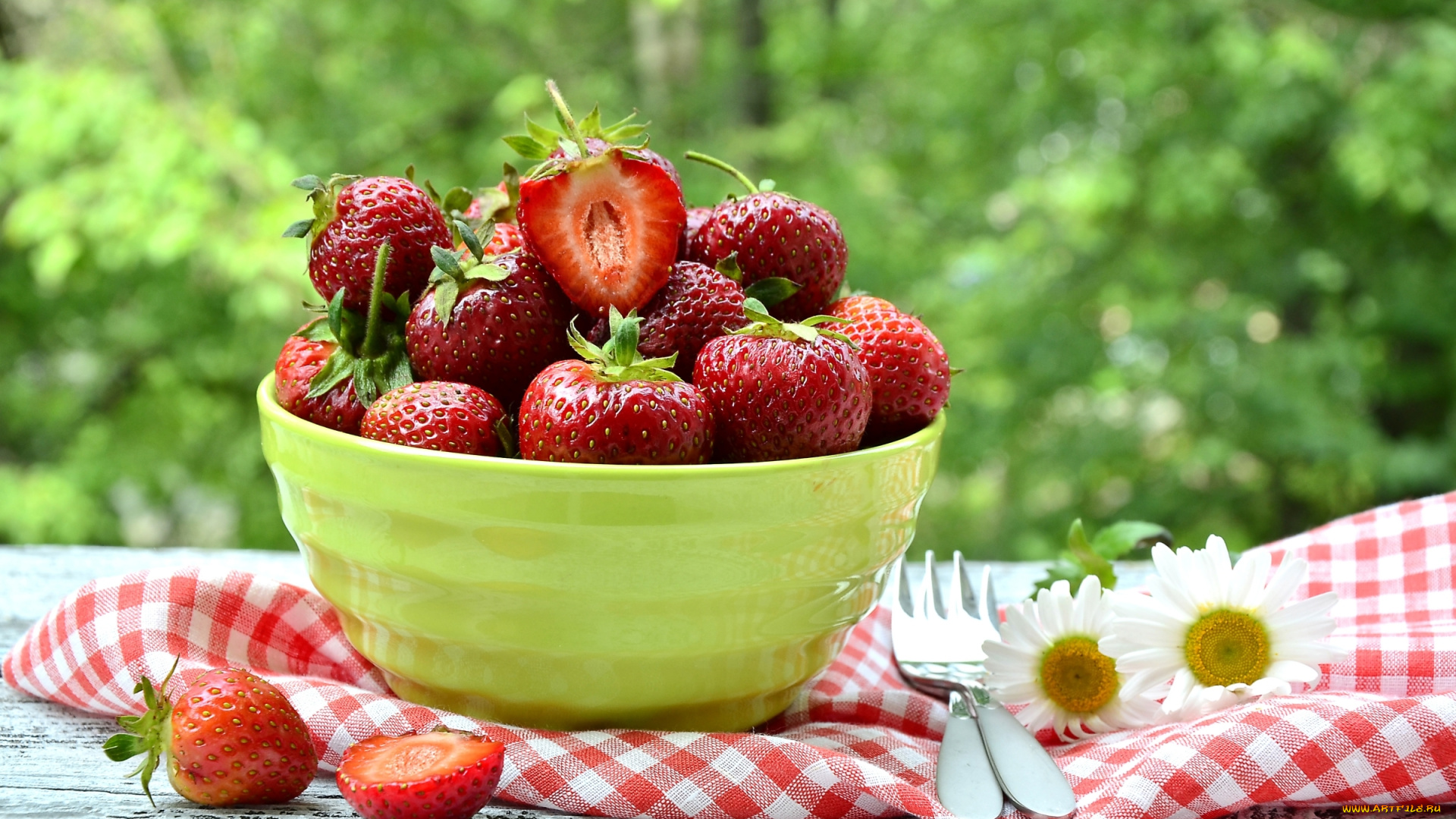 еда, клубника, , земляника, миска, ягоды, ромашки