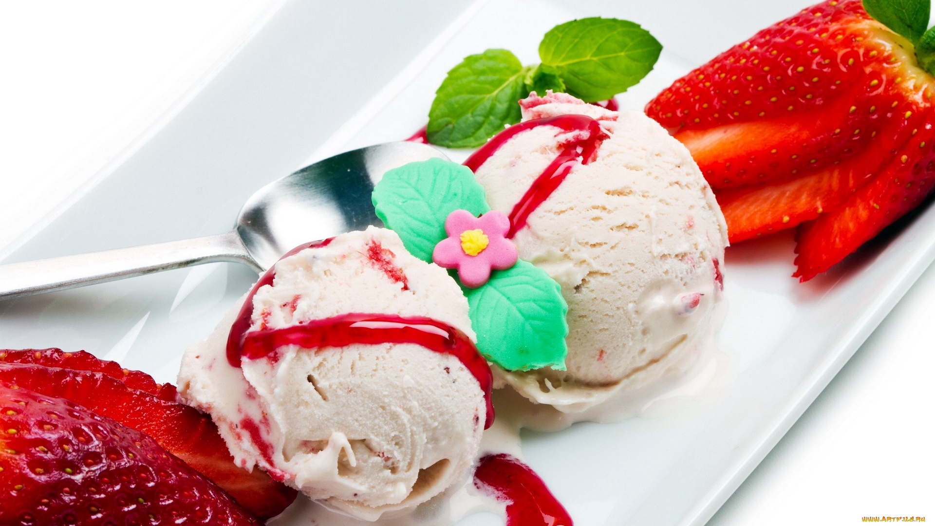 еда, мороженое, , десерты, клубника, мят