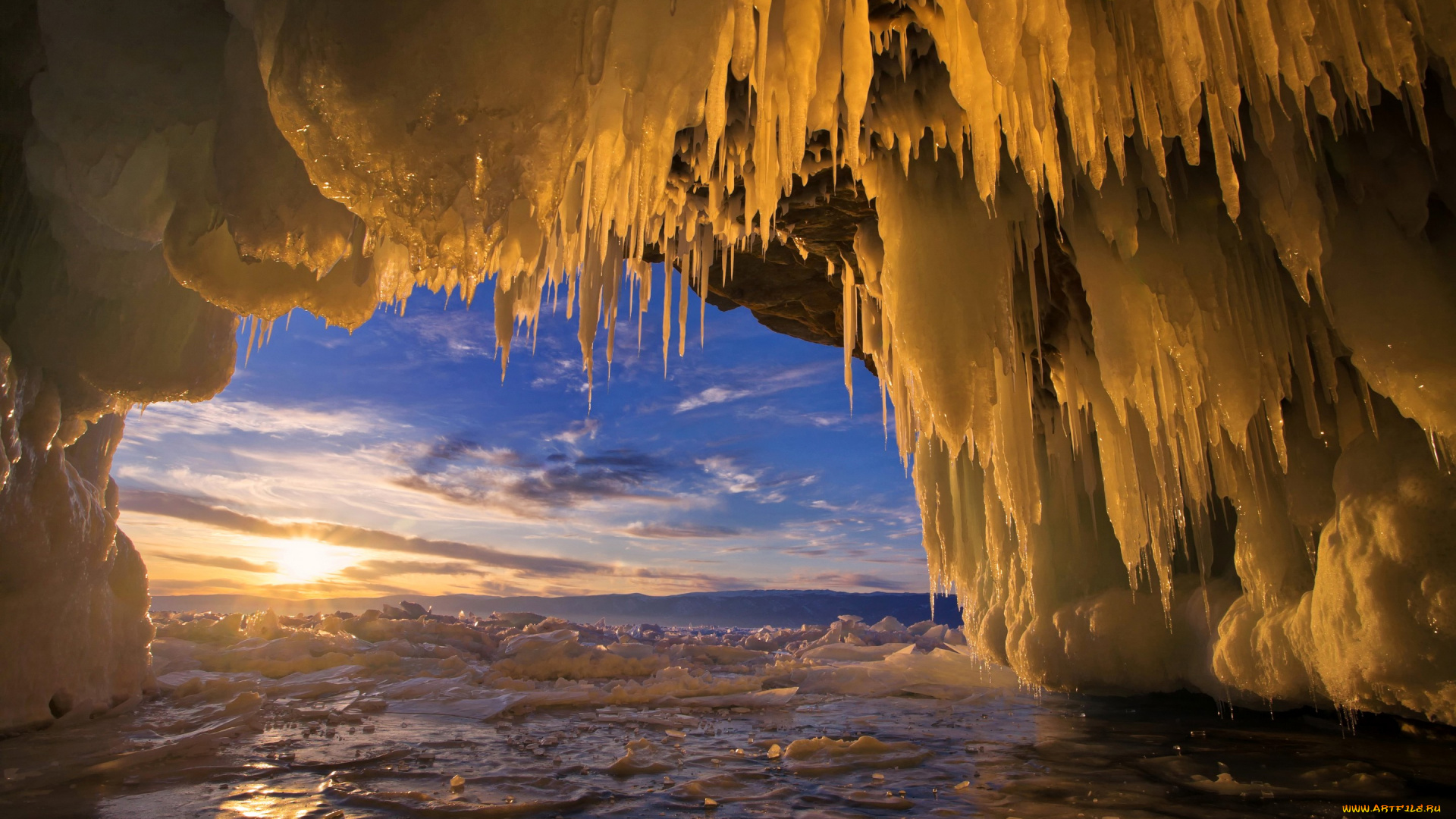 природа, айсберги, и, ледники, сосульки, байкал, baikal, закат, грот, лед, озеро, россия