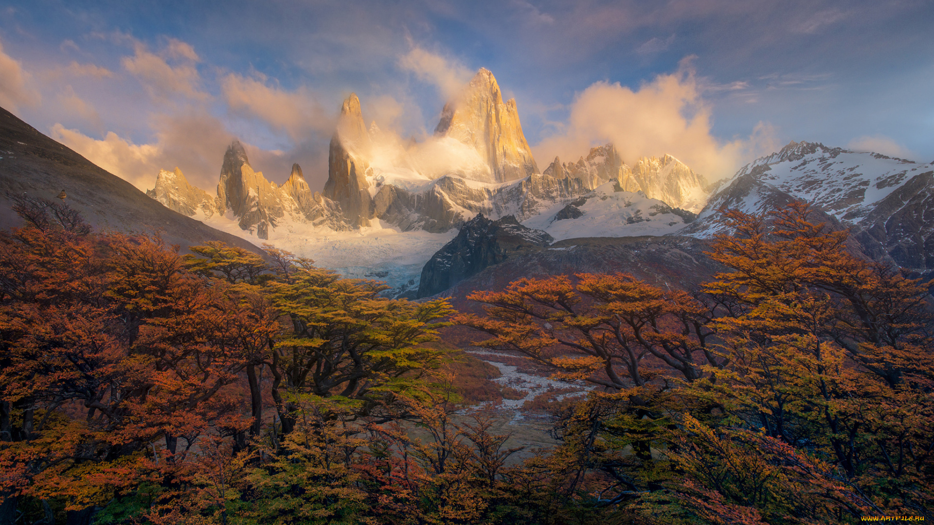 природа, горы, анды, утро, осень, южная, америка, патагония, пики, краски, деревья