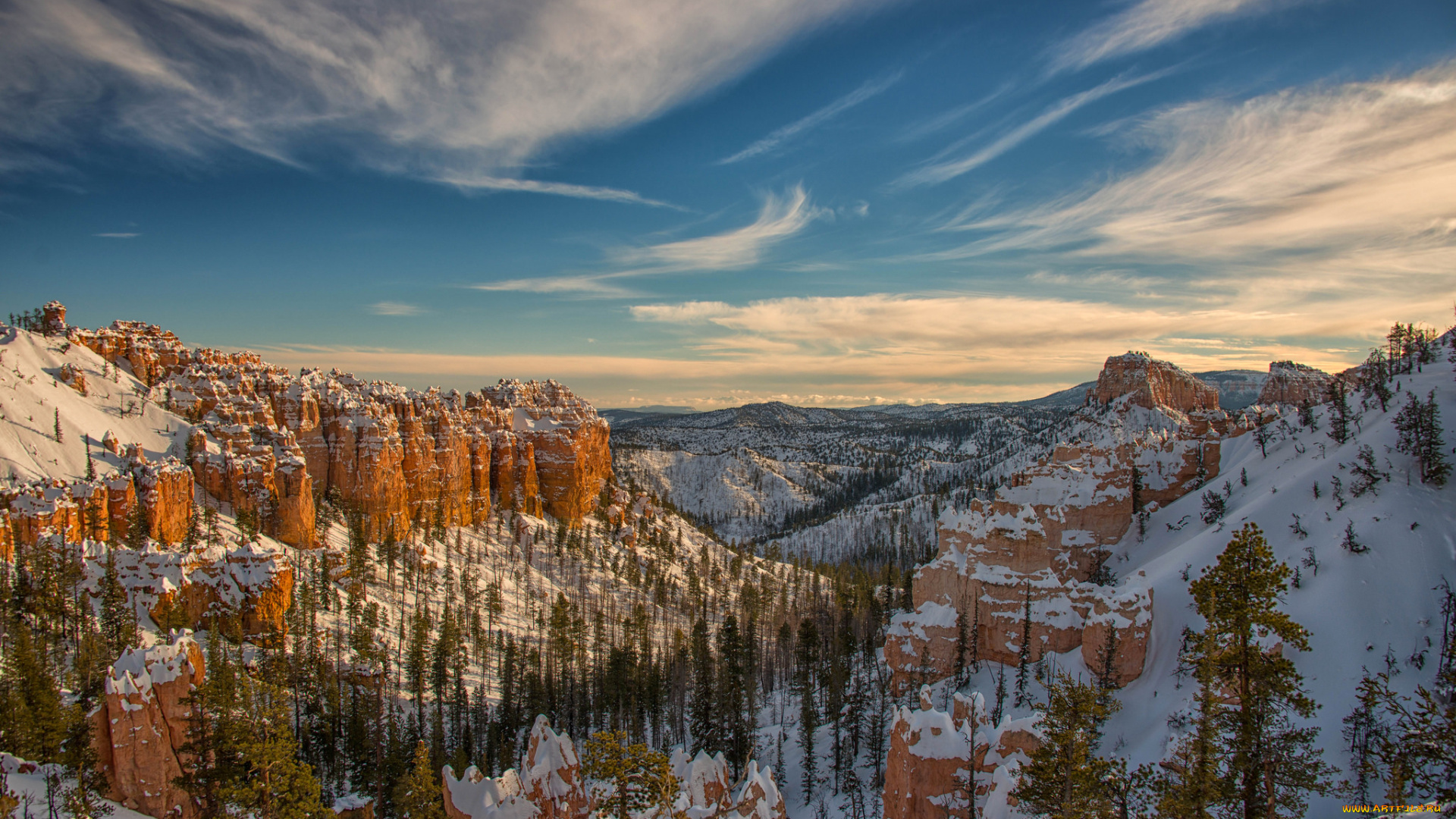 природа, горы, деревья, зима, скалы, снег, bryce, canyon, national, park, сша, юта