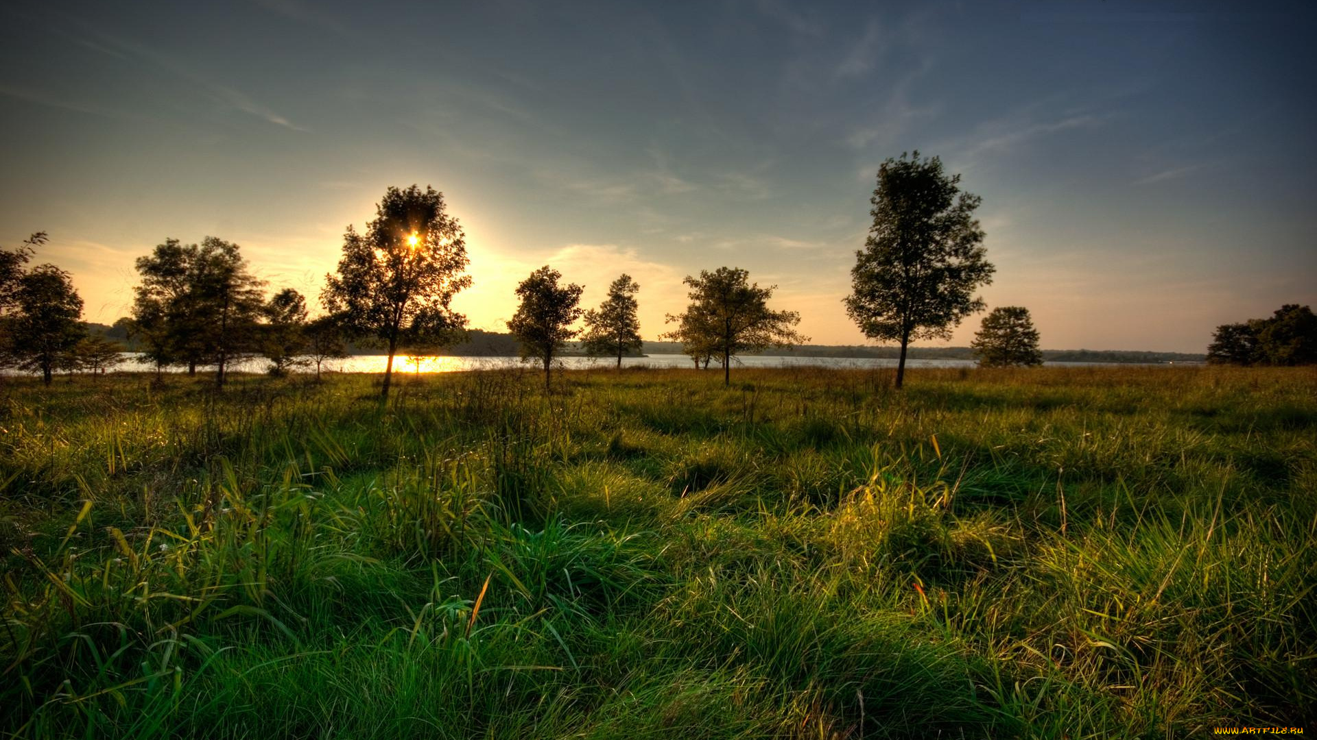 природа, луга, река, закат, луг, трава, деревья, облака, небо