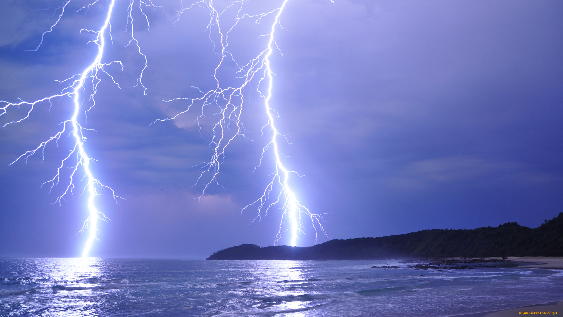 природа, молния, , гроза, море, гроза, облака, небо, холмы