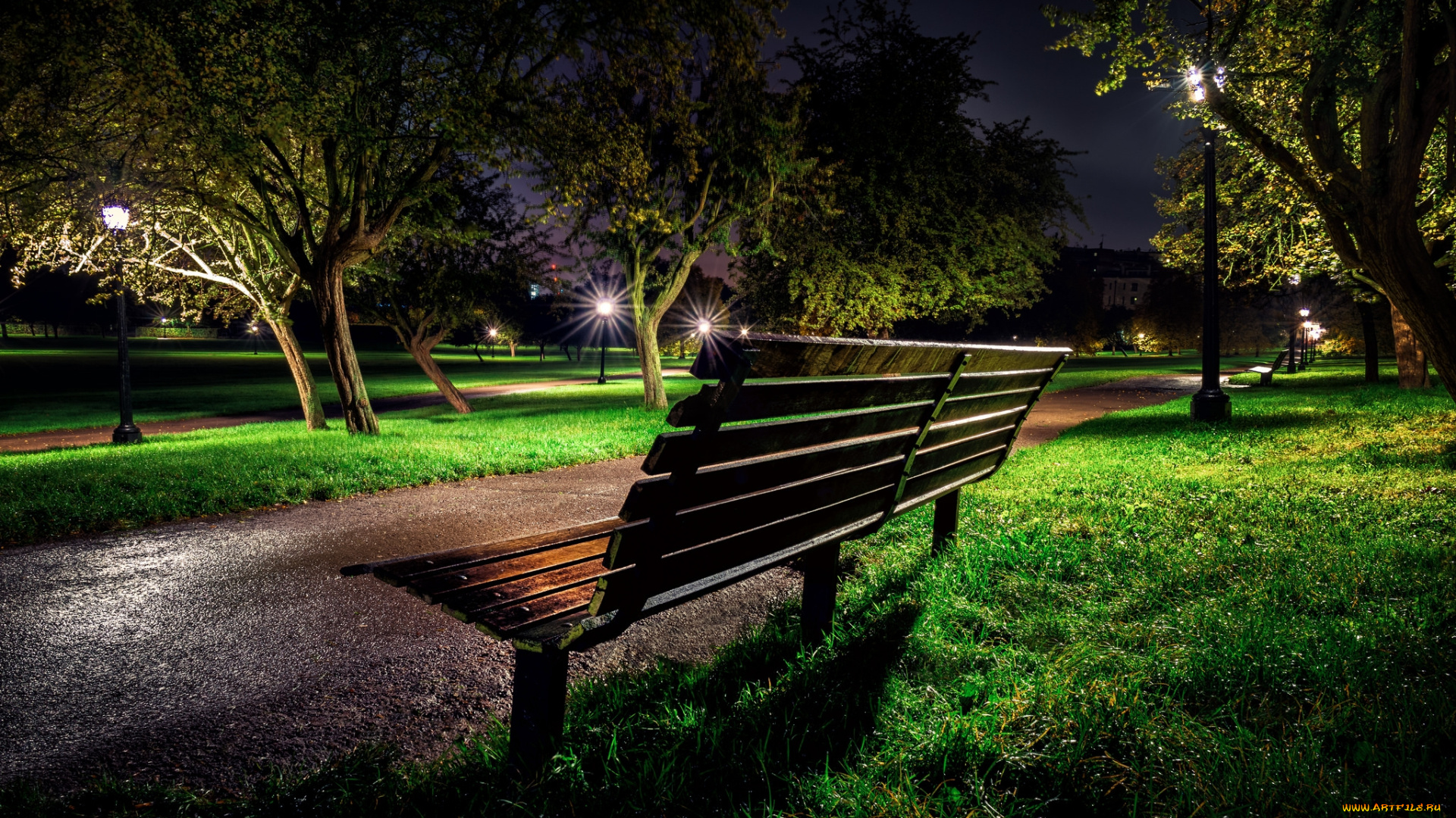 природа, парк, аллея, ночь, скамья