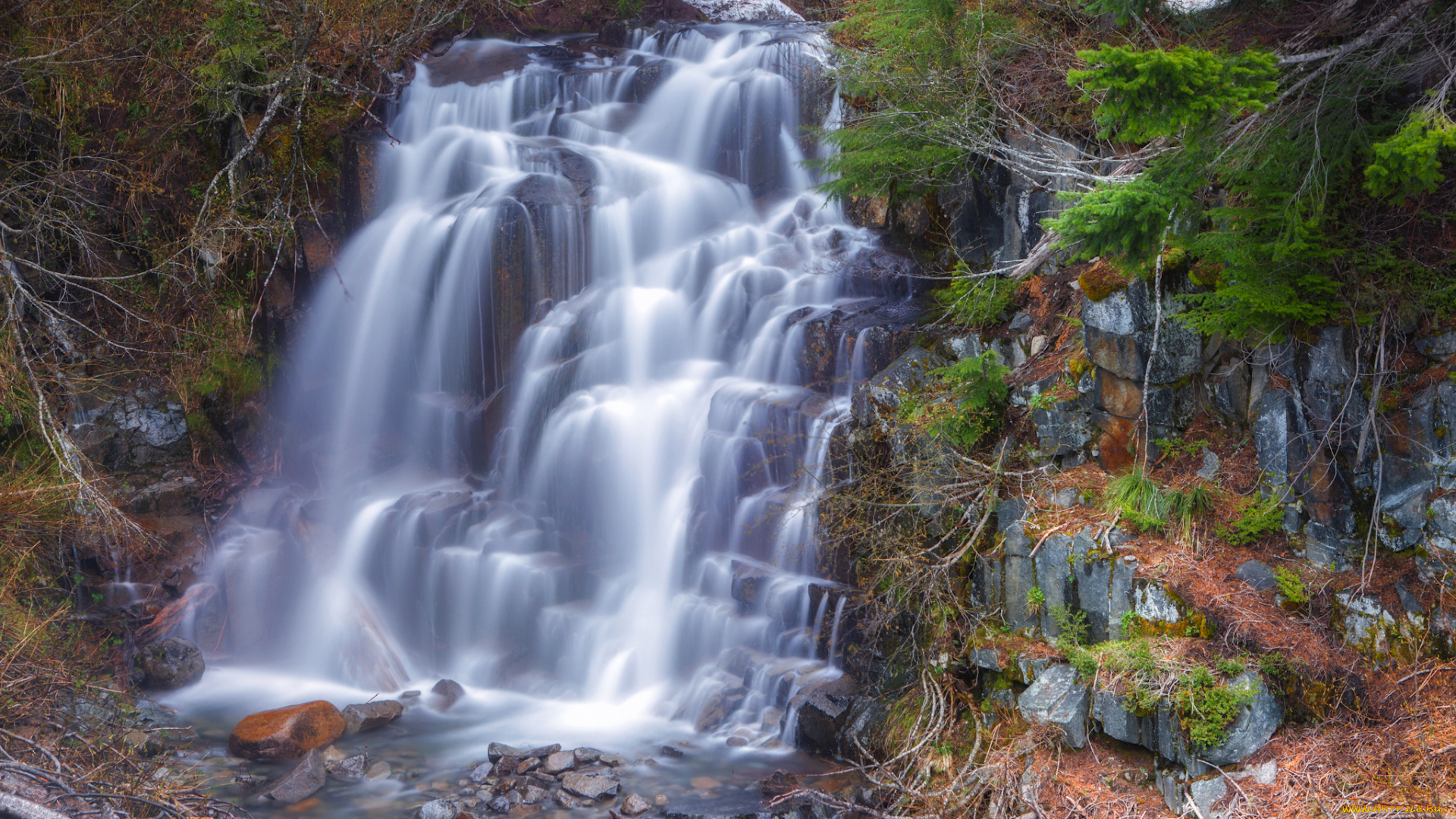 природа, водопады, брызги, лес, камни, поток, река, деревья