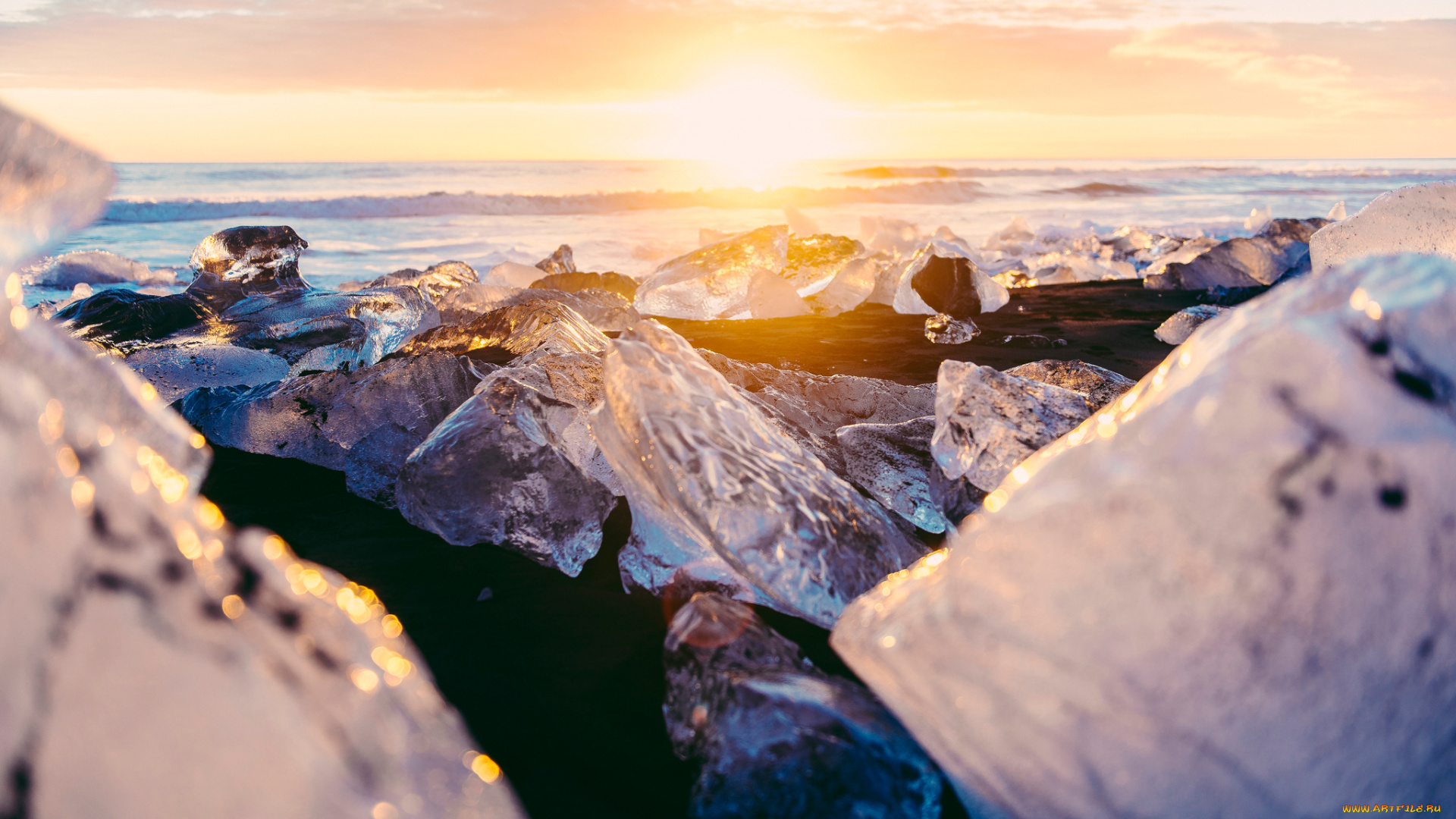 природа, восходы, закаты, боке, блики, свет, лёд, ледниковая, лагуна, исландия, зима, декабрь, солнце