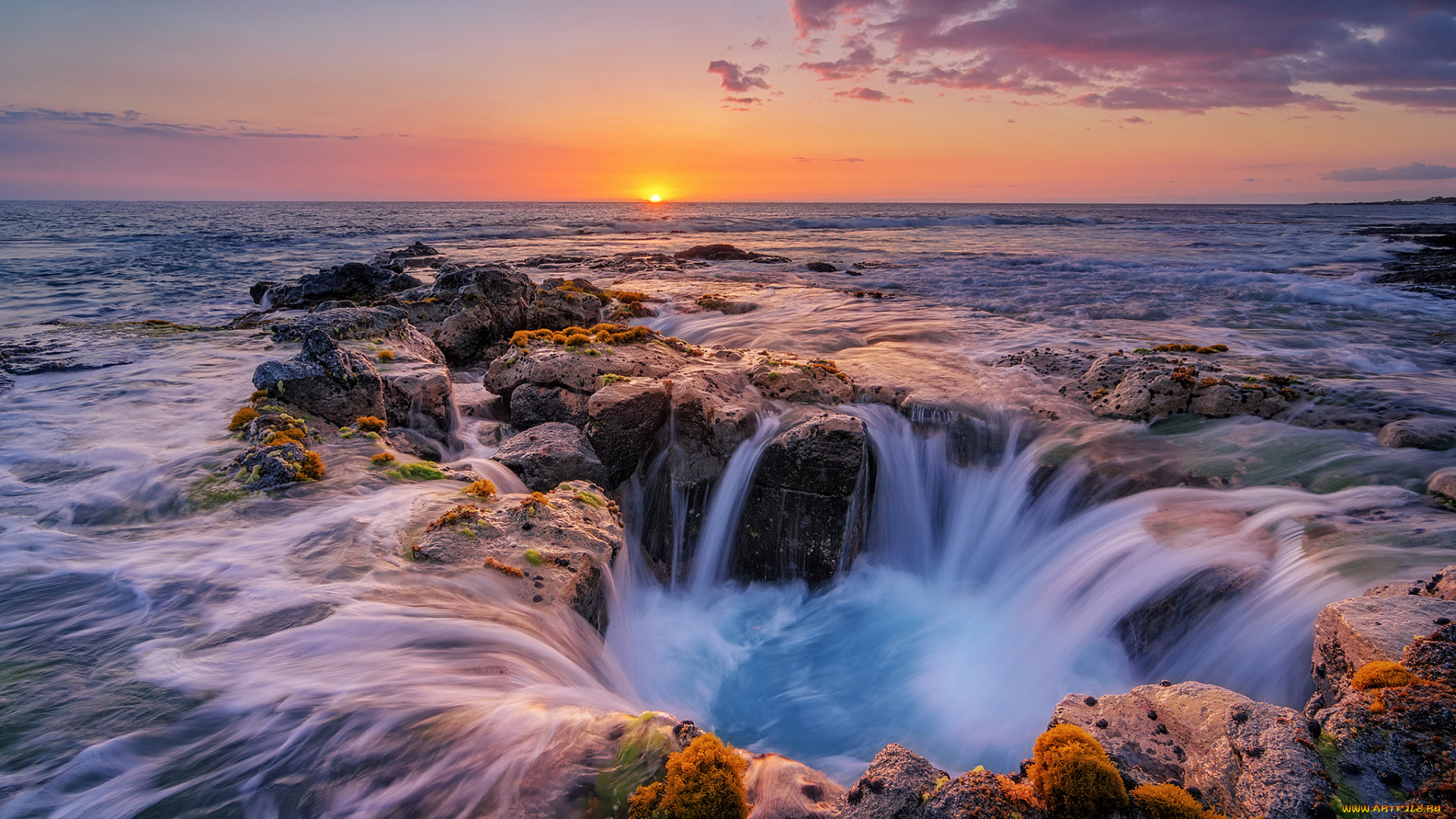 природа, восходы, закаты, океан, потоки, гавайи, камни, выдержка, небо, волны