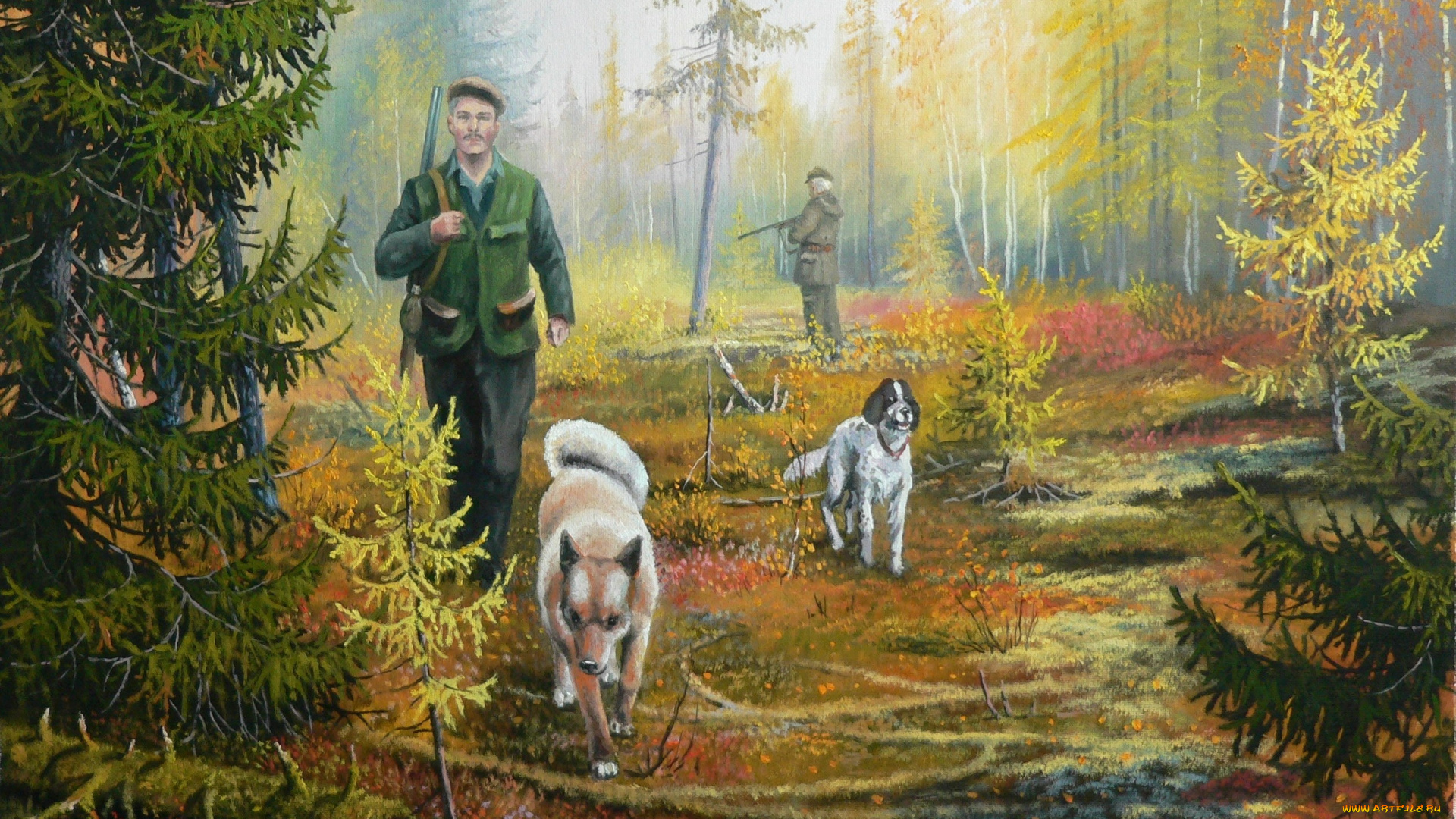 рисованное, андрей, лях, природа, андрей, лях, собака, тайга, охотник