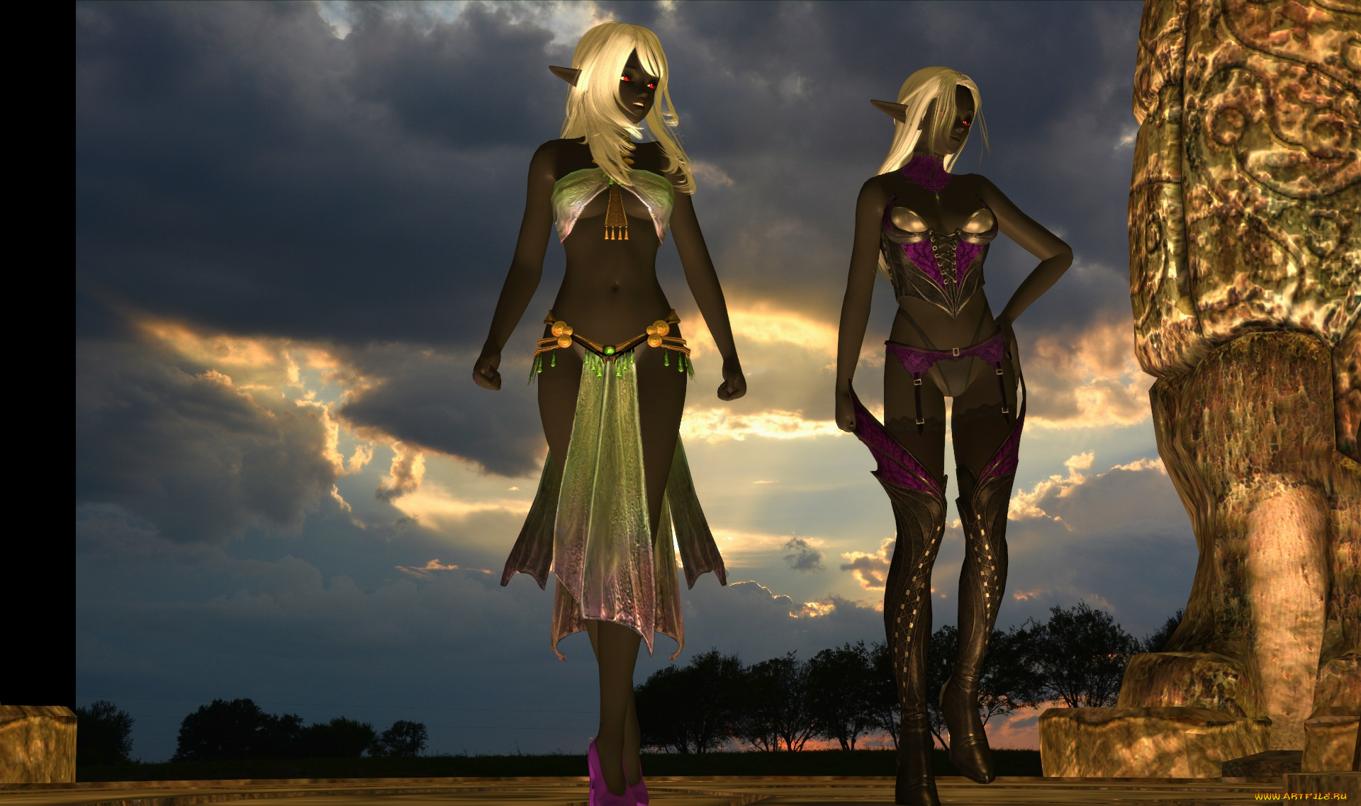 3д, графика, эльфы, , elves, взгляд, эльфийки, фон