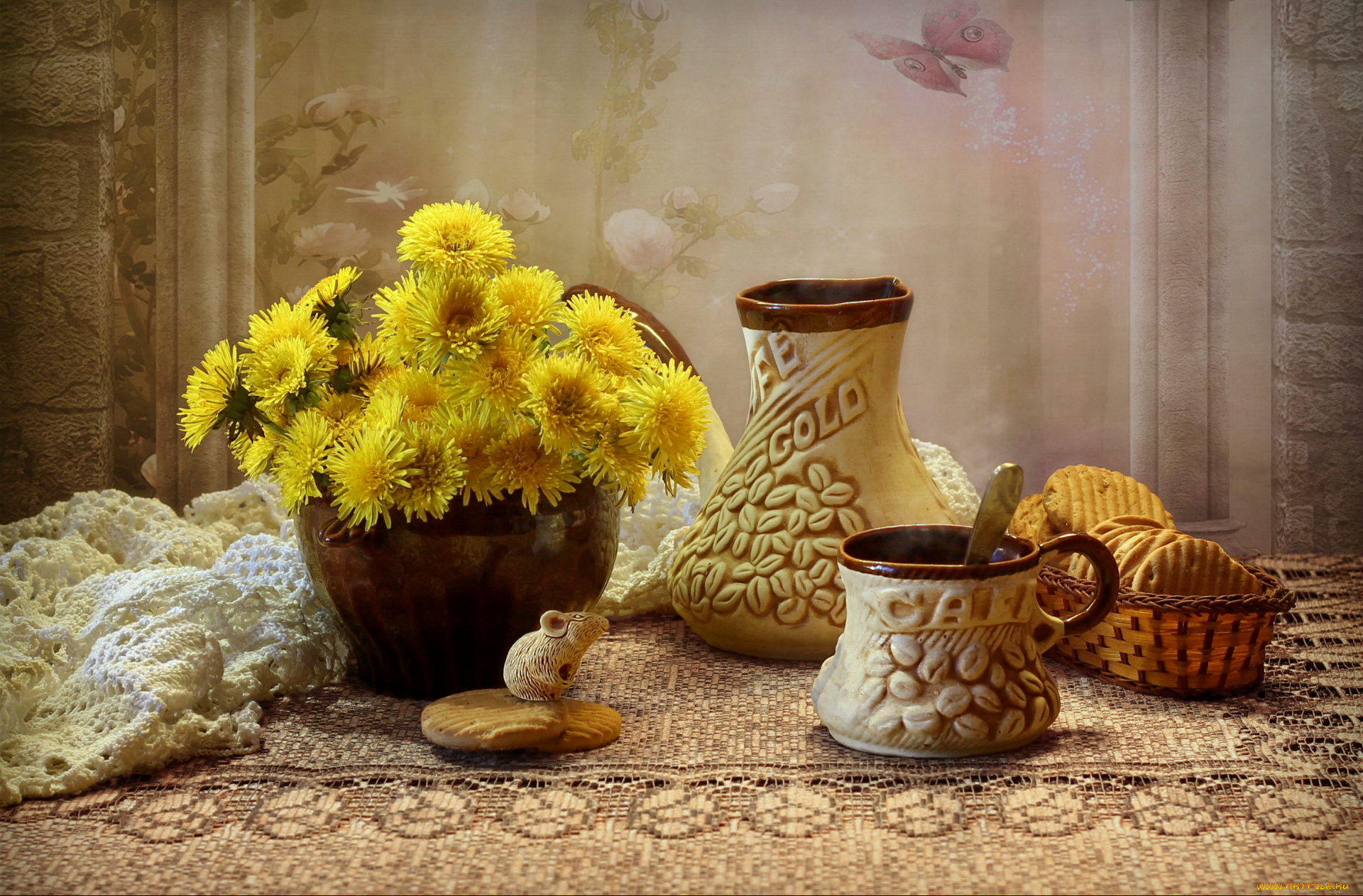 еда, натюрморт, печенье, мышка, одуваняики, посуда, глиняная