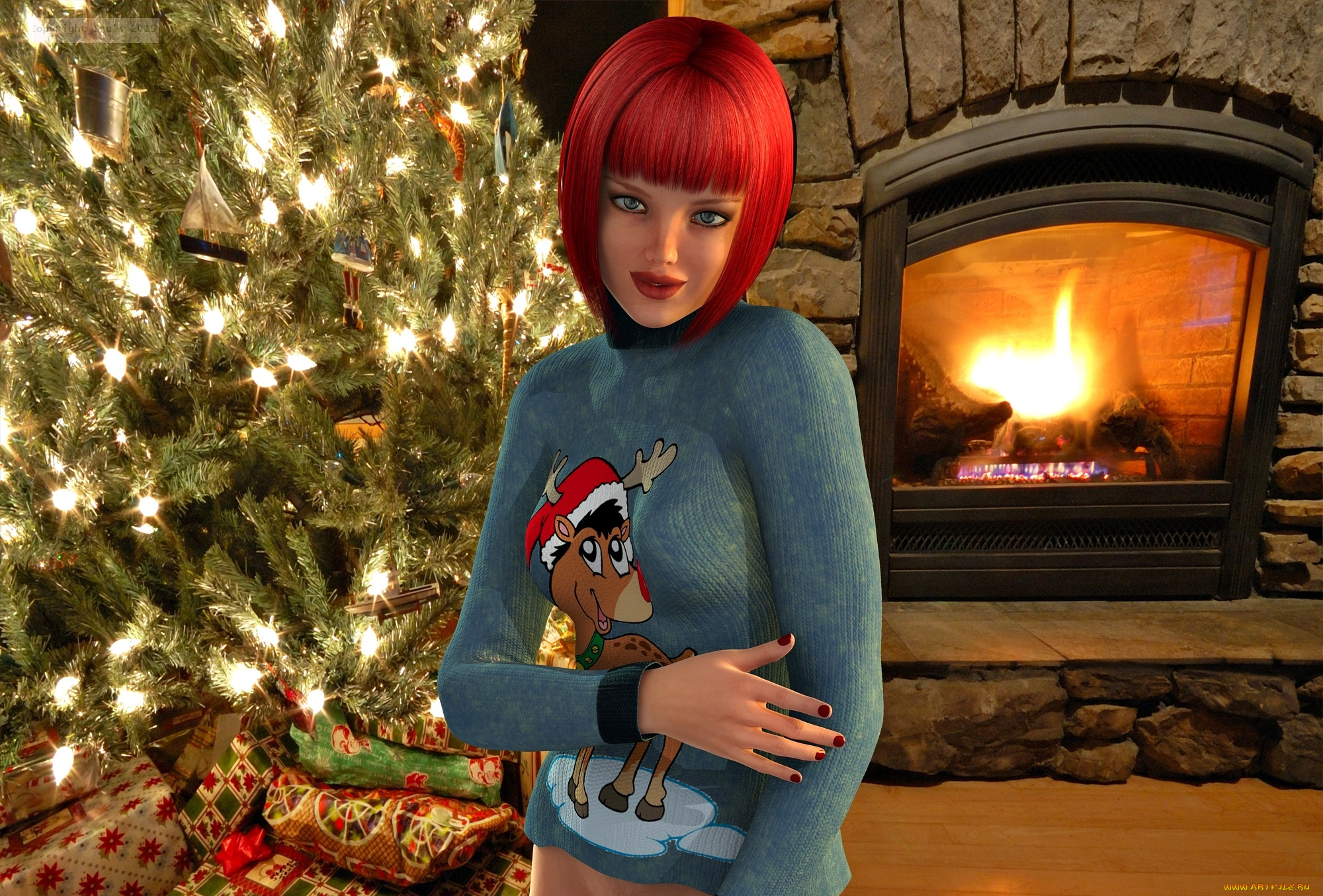 3д, графика, праздники, , holidays, взгляд, фон, девушка, камин, елка