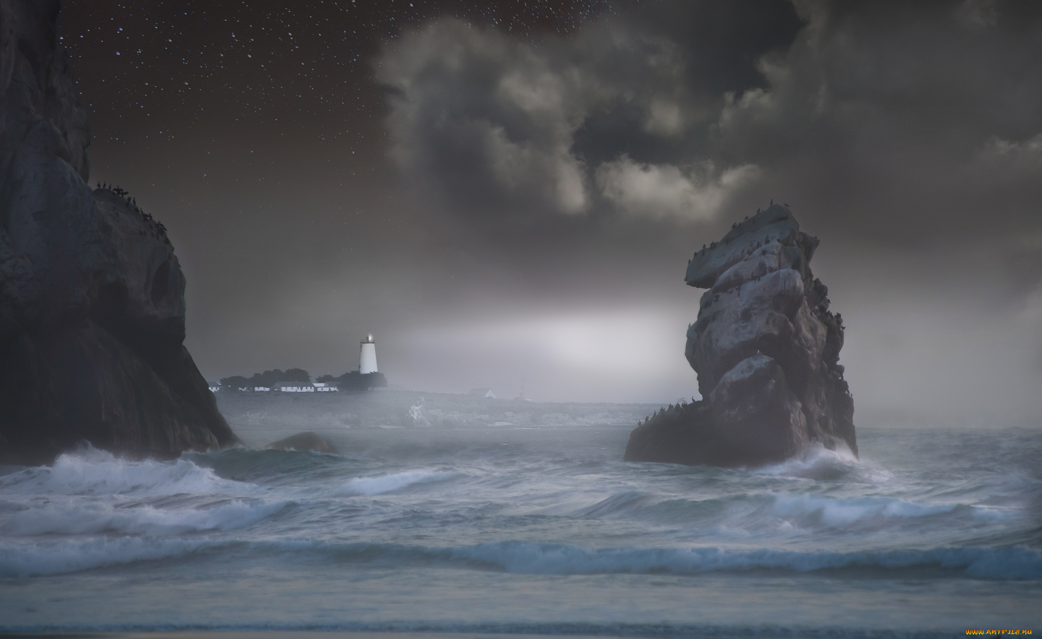 природа, маяки, побережье, скалы, море, маяк, ночь