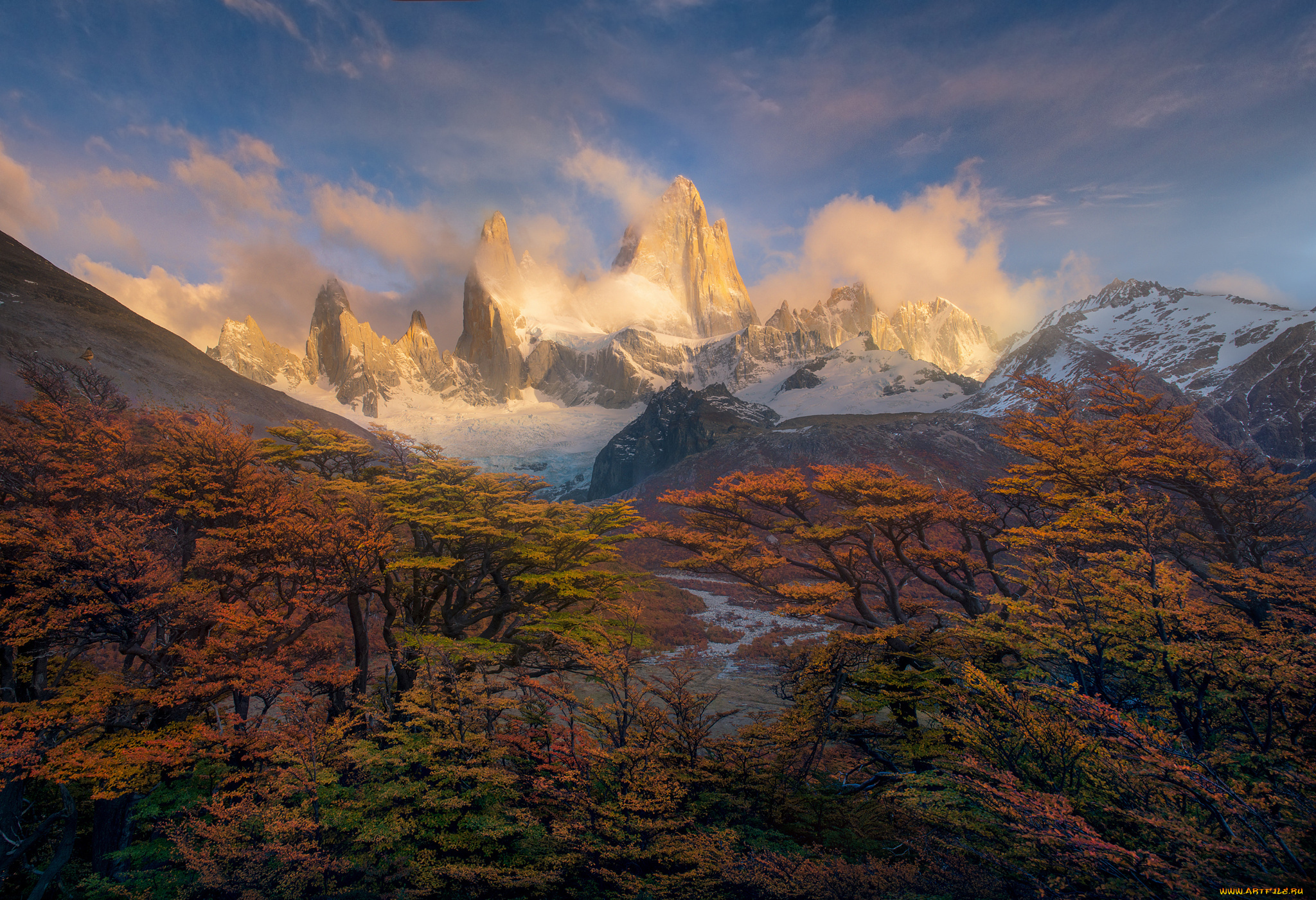 природа, горы, анды, утро, осень, южная, америка, патагония, пики, краски, деревья