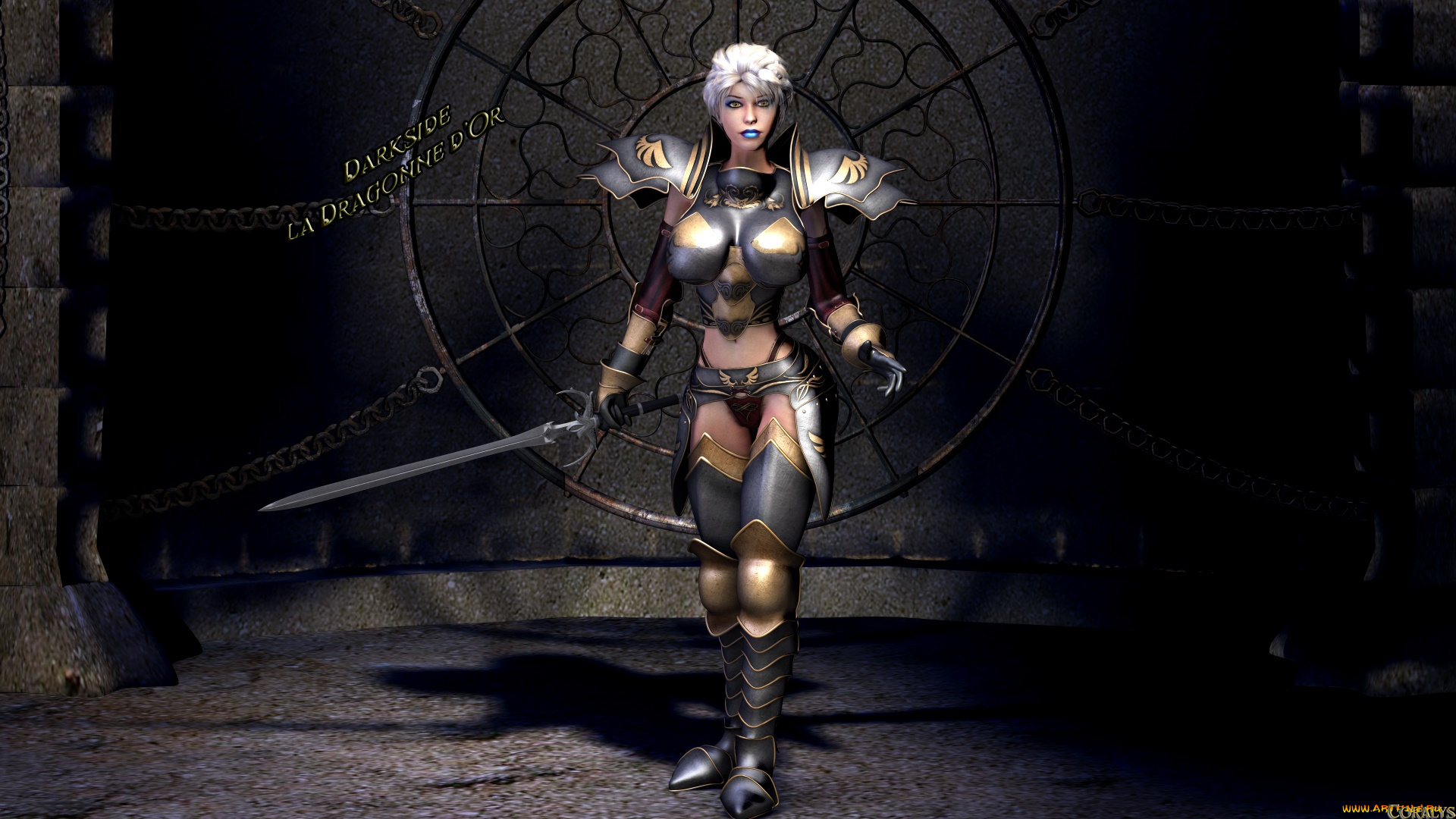 3д, графика, фантазия, , fantasy, девушка, оружие, фон, взгляд