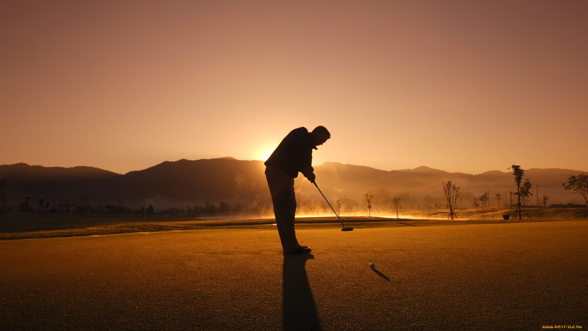 спорт, гольф, силуэт, закат