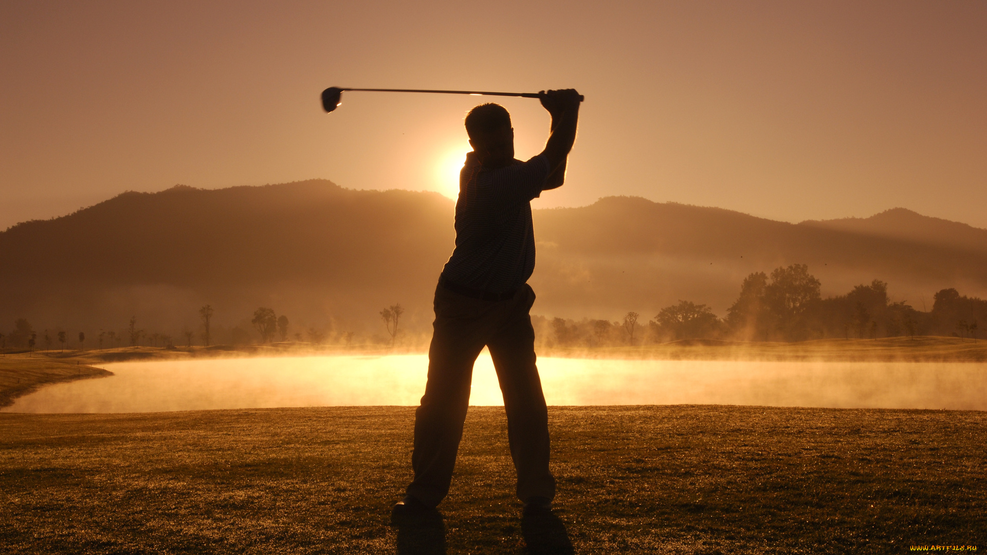 спорт, гольф, силуэт, закат