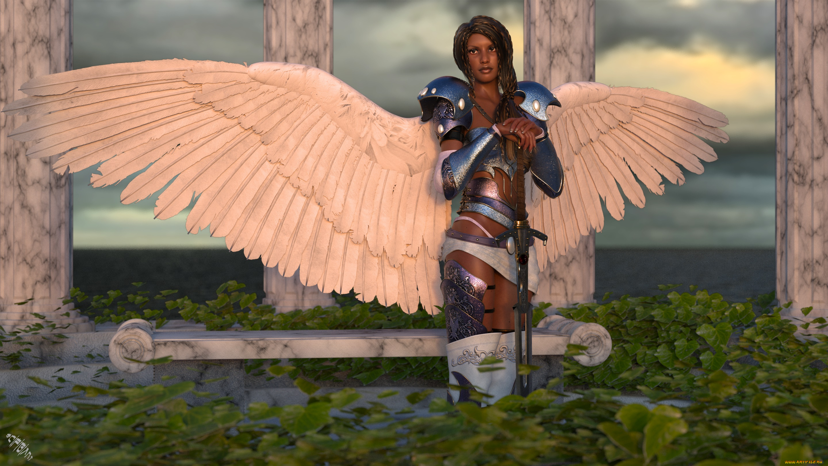 3д, графика, ангел, , angel, ангел, оружие, фон, взгляд, девушка