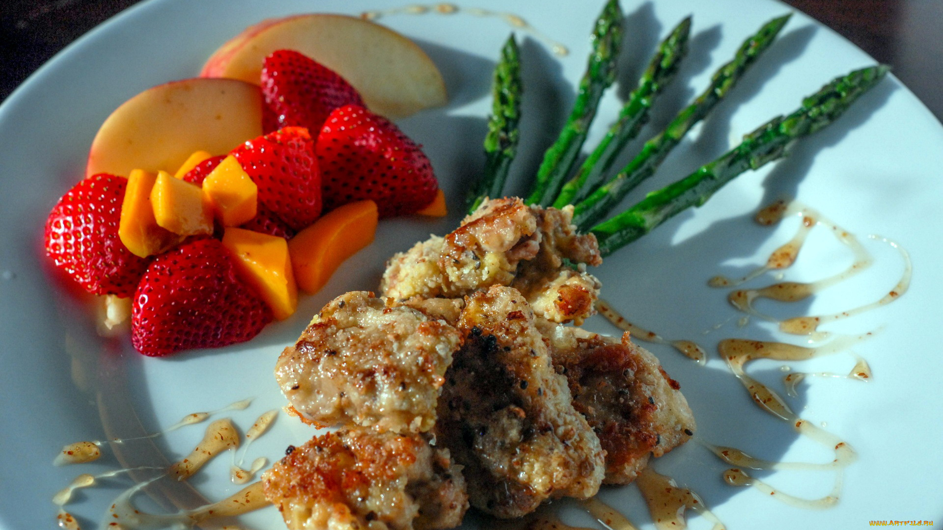 еда, мясные, блюда, спаржа, клубника, манго, наггетсы