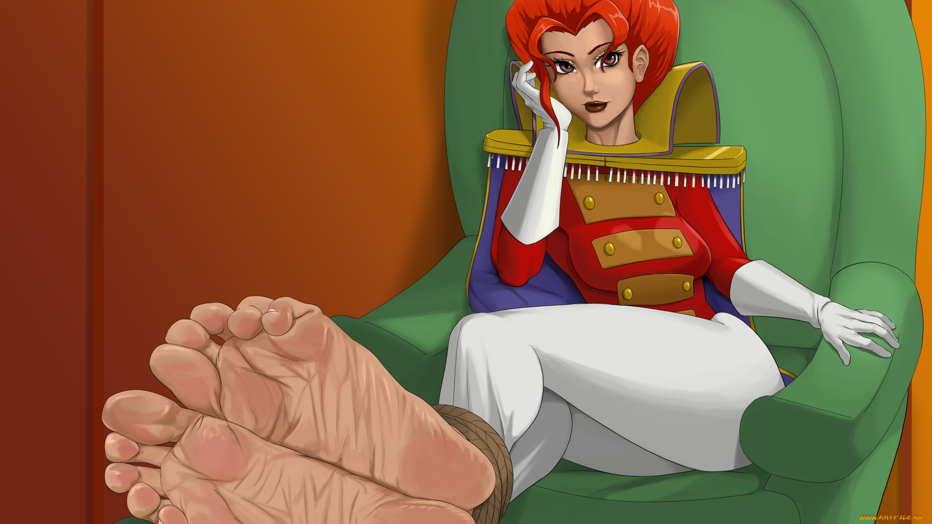 рисованное, комиксы, фон, девушка, униформа, взгляд, кресло