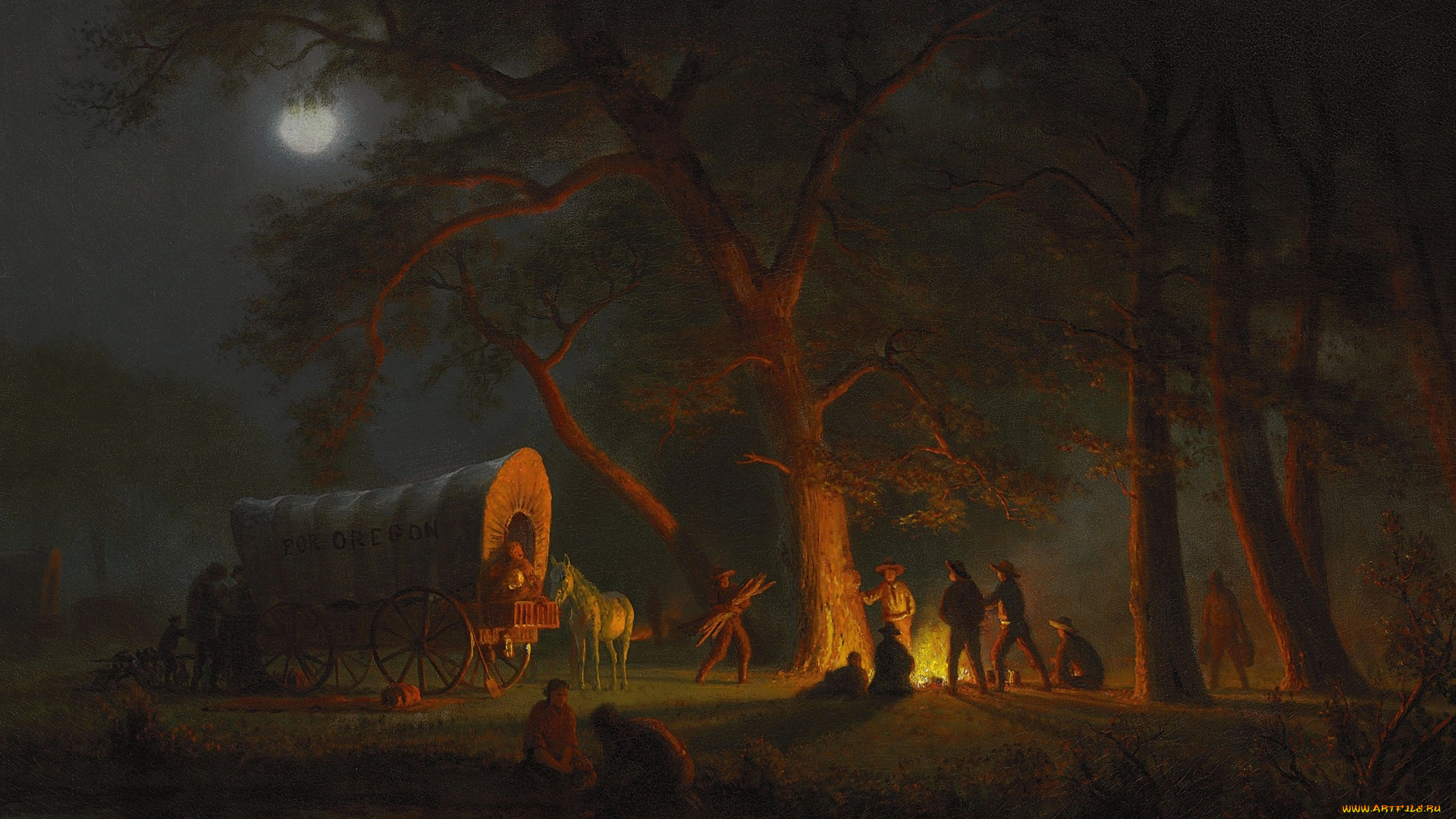 рисованное, живопись, орегонская, тропа, альберт, бирштадт, люди, картина, повозка, ночлег, жанровая
