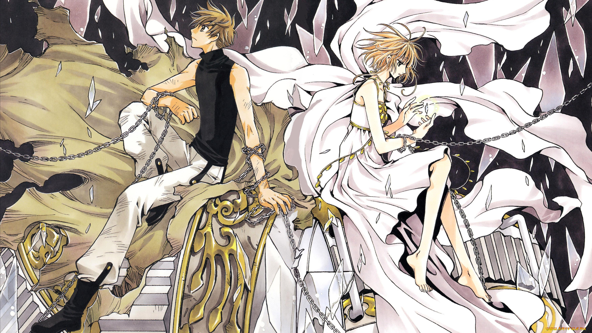 аниме, tsubasa, reservoir, chronicles, стекла, цепи, плащ, девушка, парень