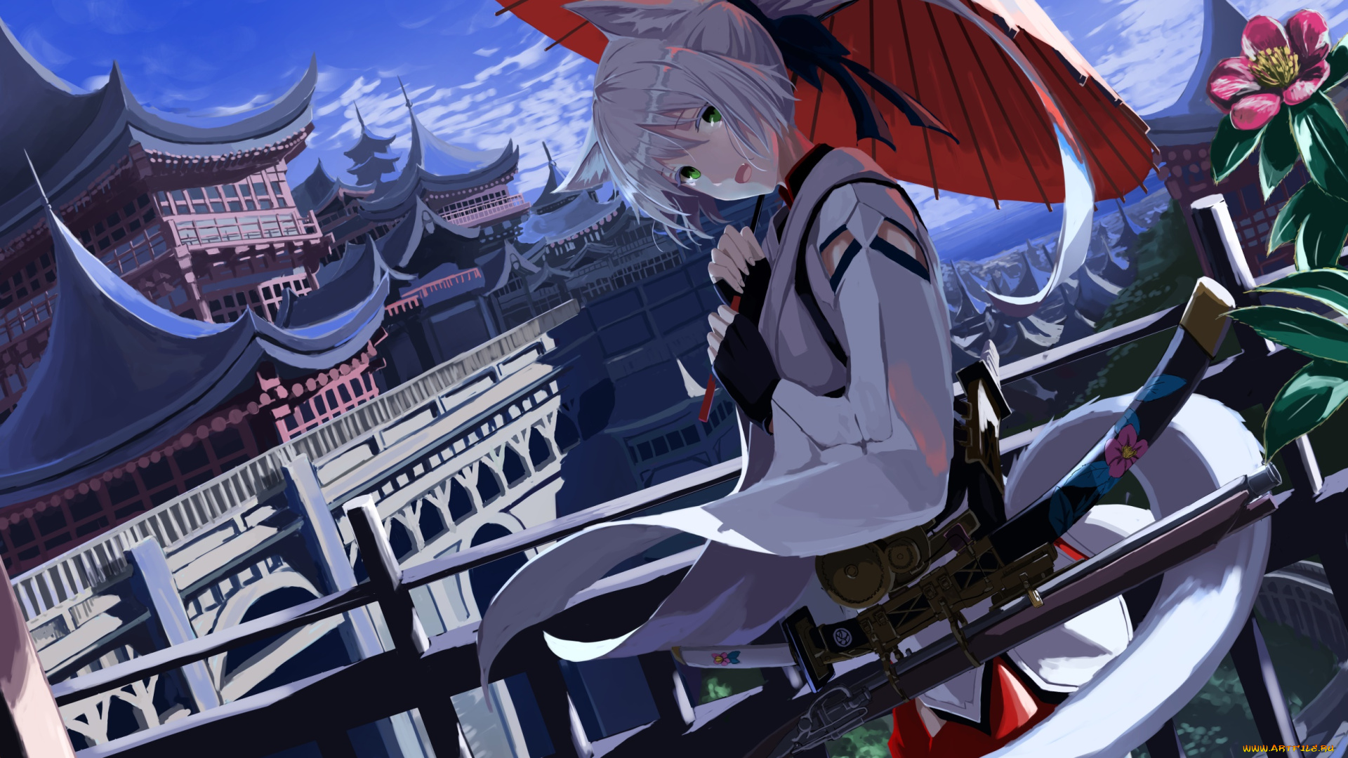 аниме, животные, , существа, девушка, взгляд, фон