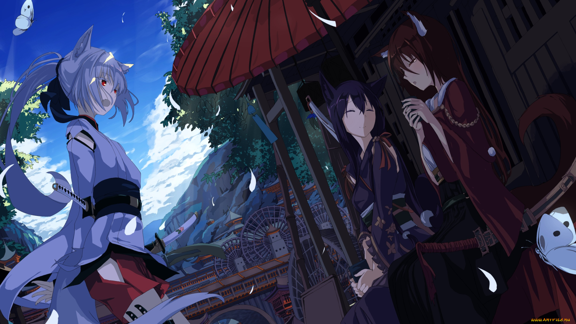 аниме, животные, , существа, взгляд, девушка, фон