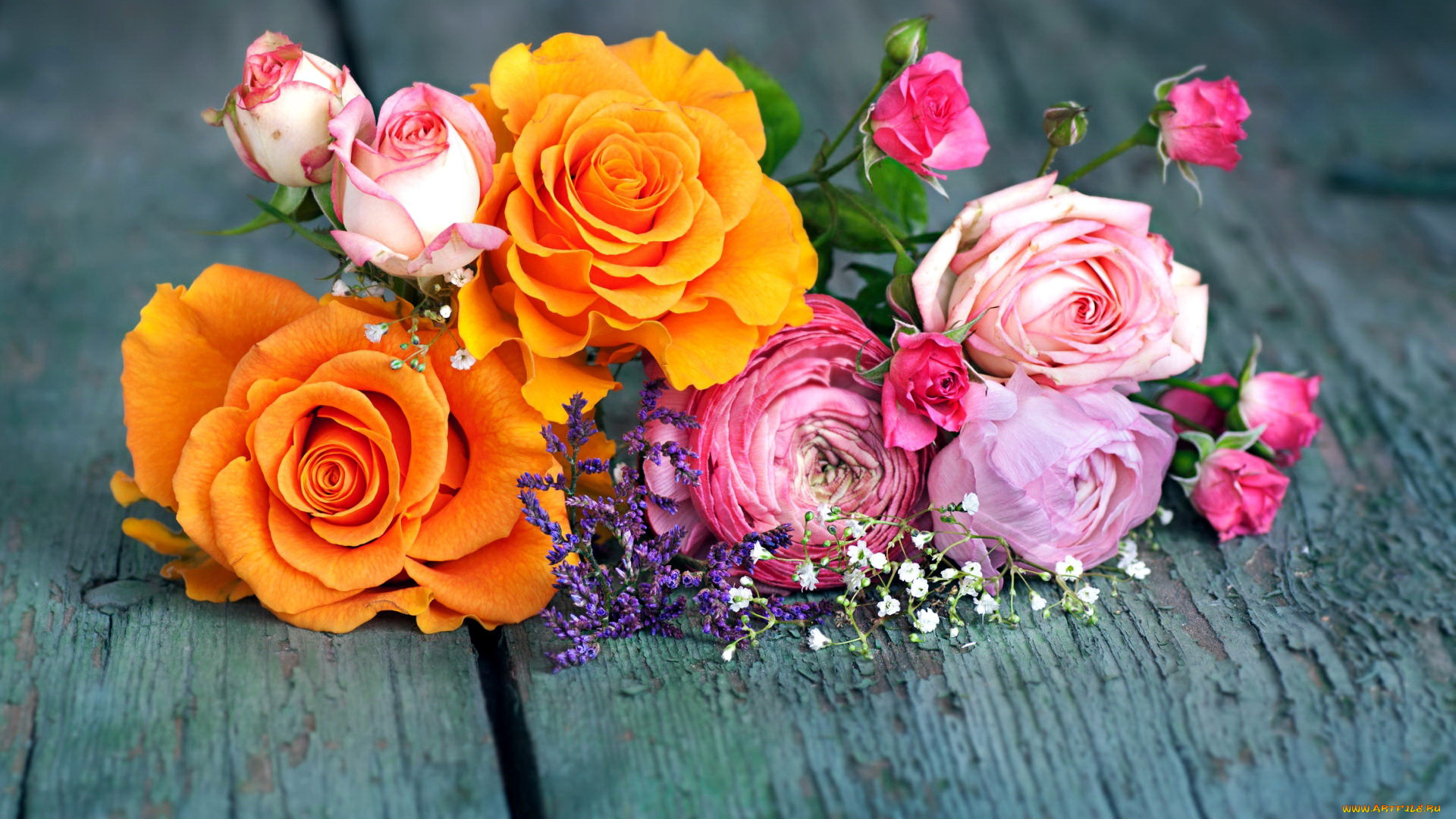 цветы, разные, вместе, ранункулюс, розы