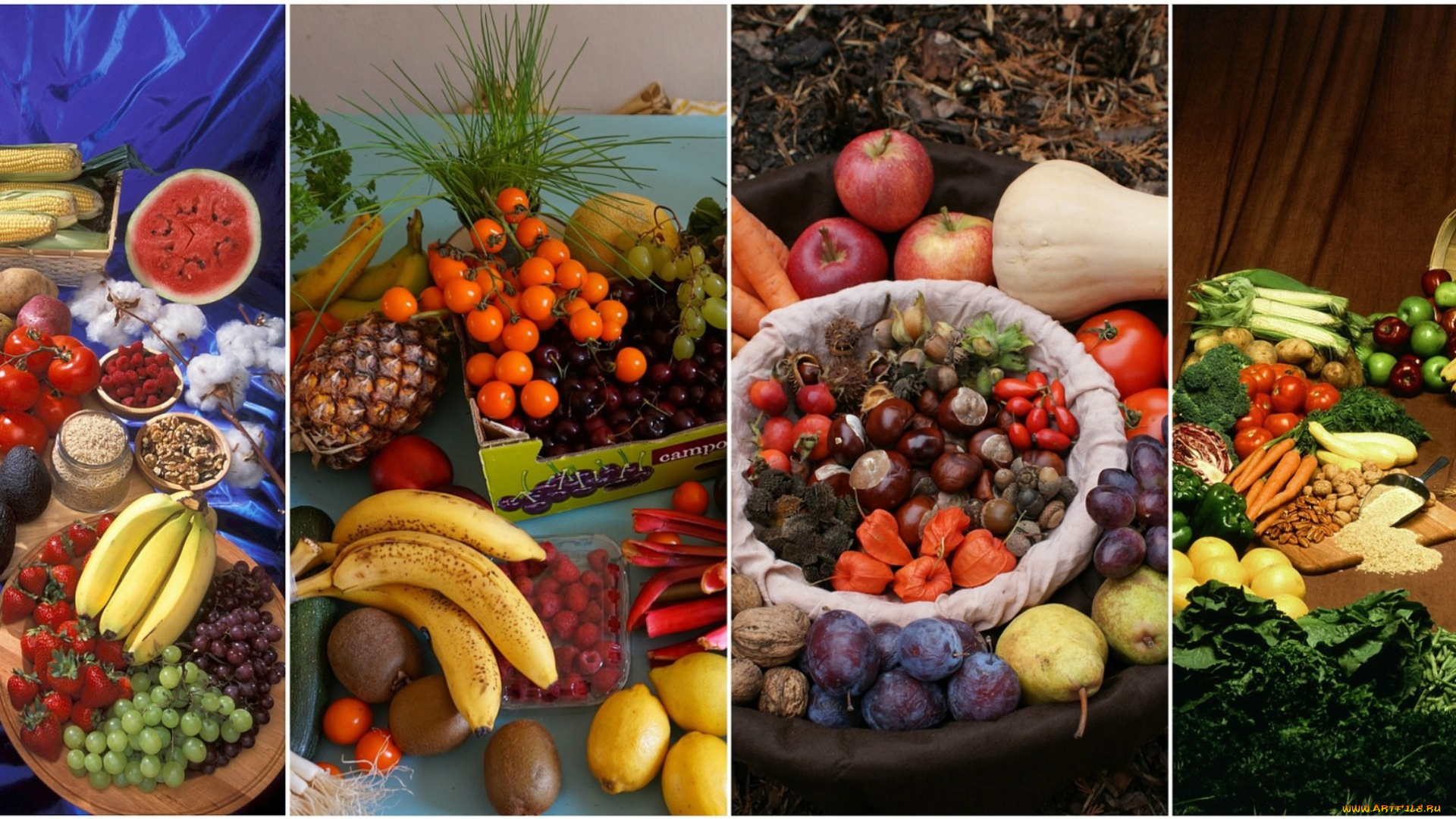 еда, натюрморт, фрукты, коллаж, мороквь, слива, ананас, виноград, бананы, яблоки, помидоры, томаты, картошка, картофель, кукуруза, арбуз