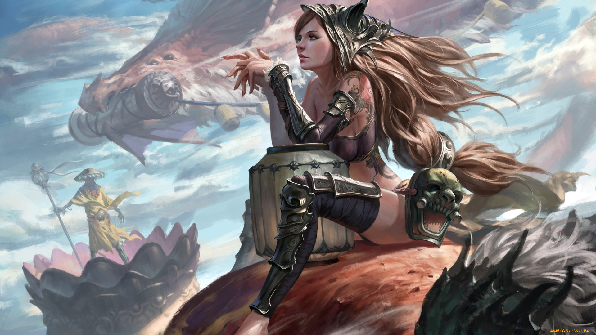 фэнтези, девушки, painting, tattoo, artwork, dragon, warrior, mask, helmet, girl, fantasy, art, digital, armor, long, hair