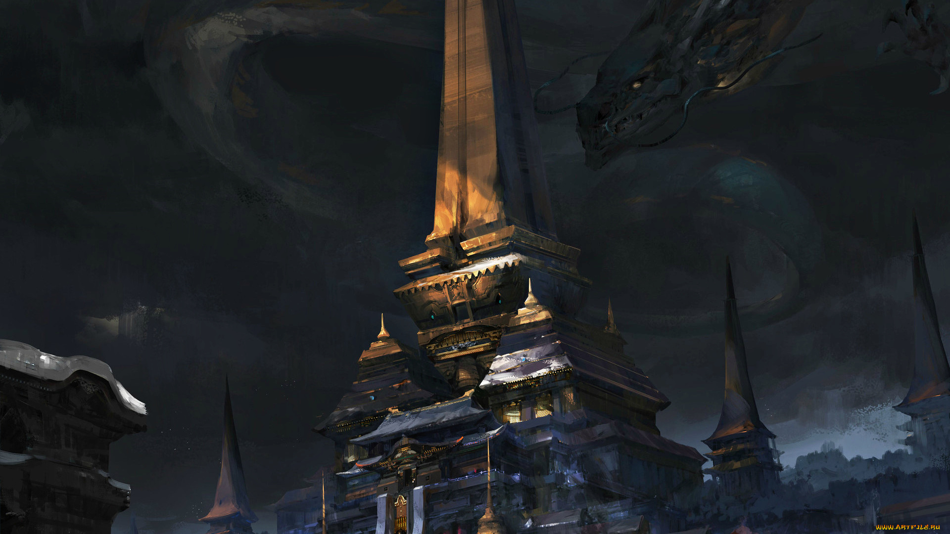 фэнтези, драконы, арт, храм, фантастика, дракон