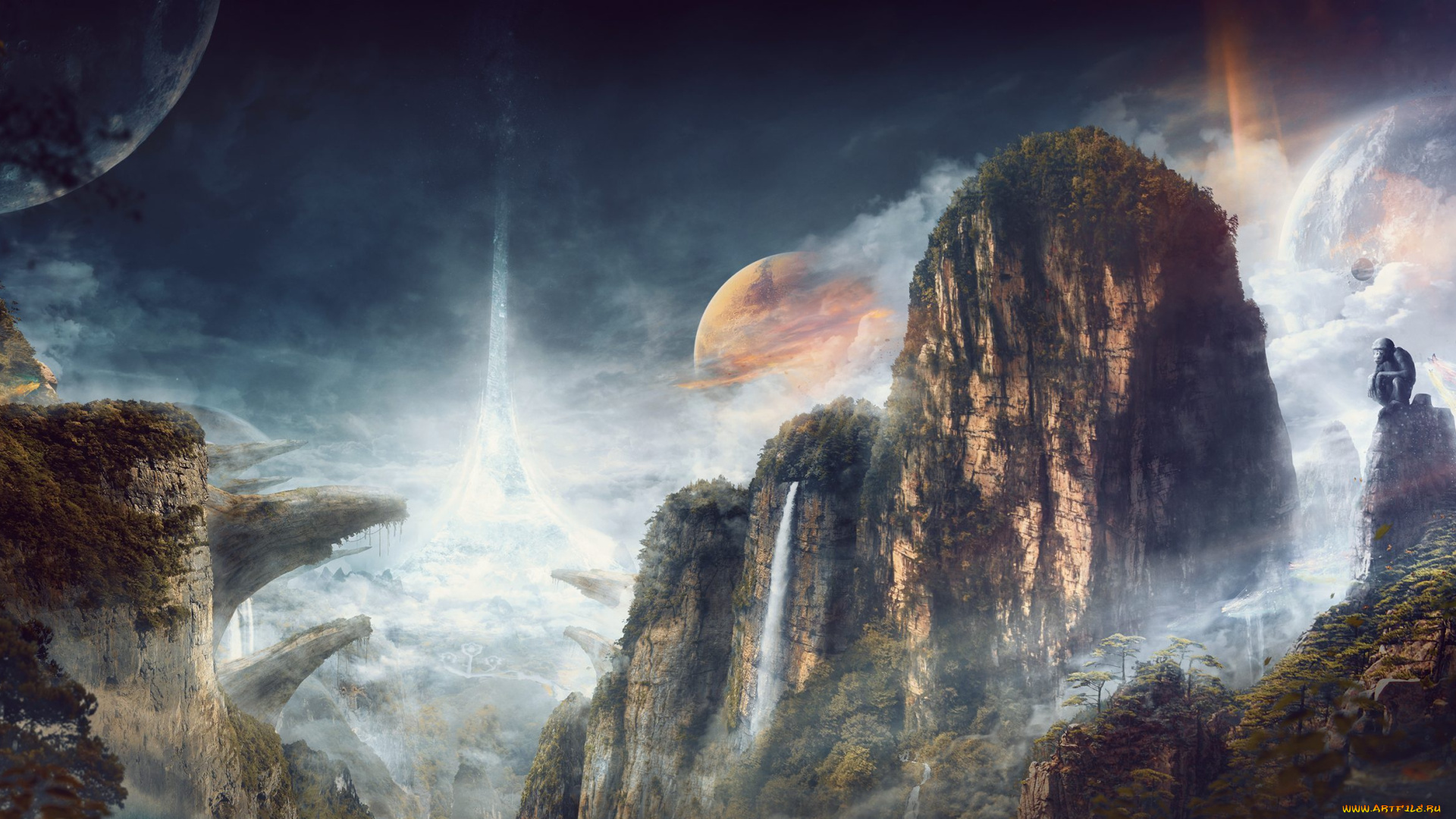 фэнтези, пейзажи, горы, водопад, деревья, планета, ущелье, лес, небо, скалы, облака