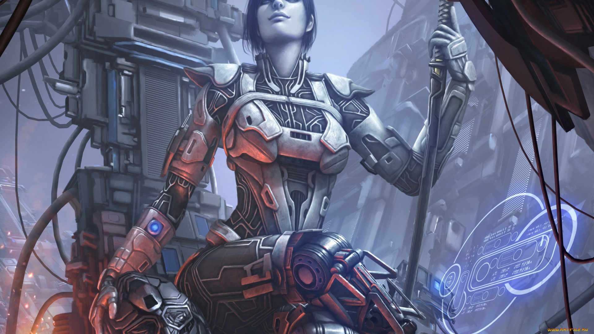 фэнтези, роботы, , киборги, , механизмы, костюм, фантастика, копье, yoyuen, шлем, арт, девушка