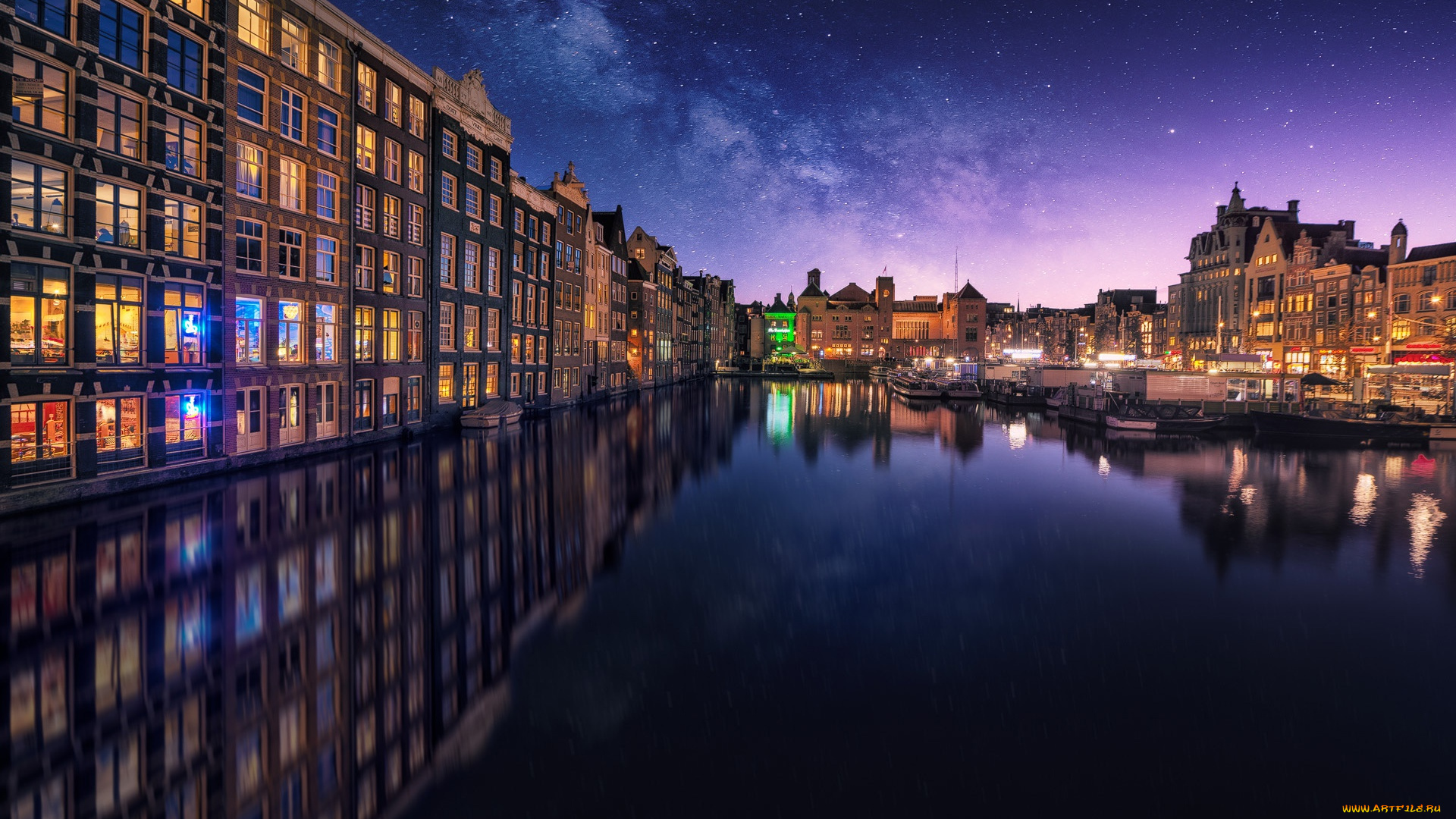 города, амстердам, , нидерланды, ночь, млечный, путь, небо, звезды, амстердам, город