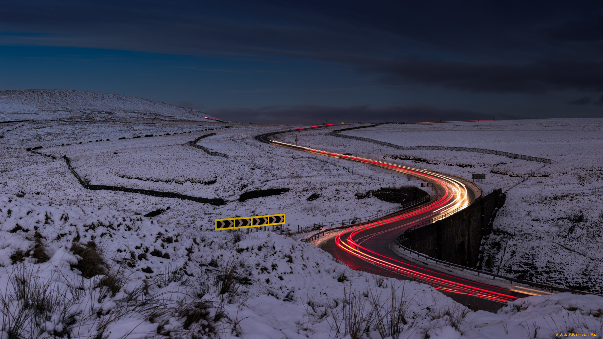 природа, дороги, поле, ночь, огни, дорога