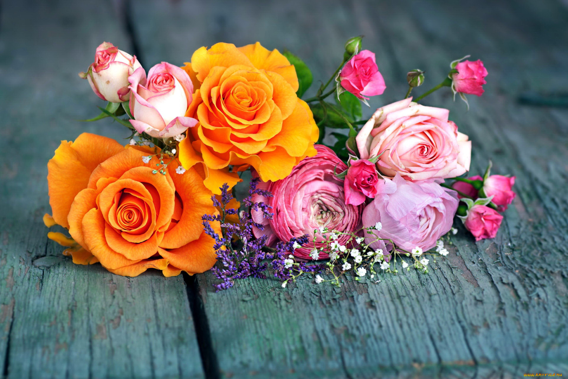 цветы, разные, вместе, ранункулюс, розы